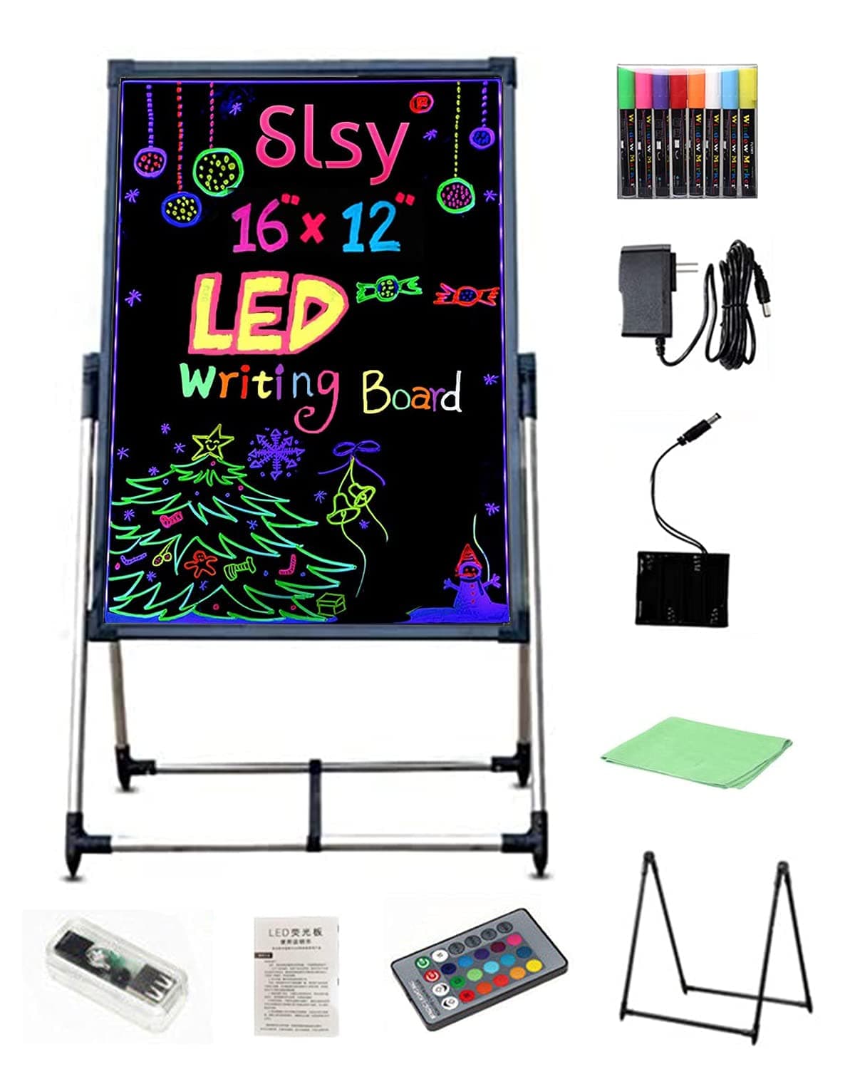 Padom Illuminated LED Message Writing Board, Erasable Neon Effect Menu Sign Board with 8 Fluorescent Makers Remote Control,12Colors Flashing Modes Light Up Board (40 X 60 CM)