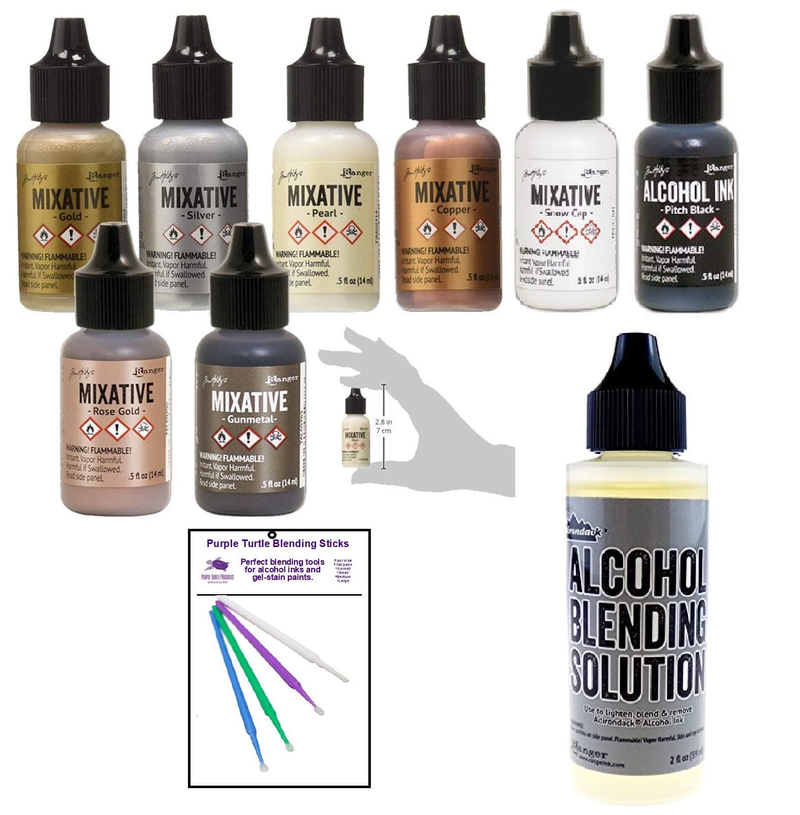 Ranger Tim Holtz Alcohol Ink Mixatives Bundle - All 8 Colors, Pearl, Copper, Silver, Gold, Snow Cap, Rose Gold, Gunmetal, Pitch Black, Blending Tools and Alcohol Solution