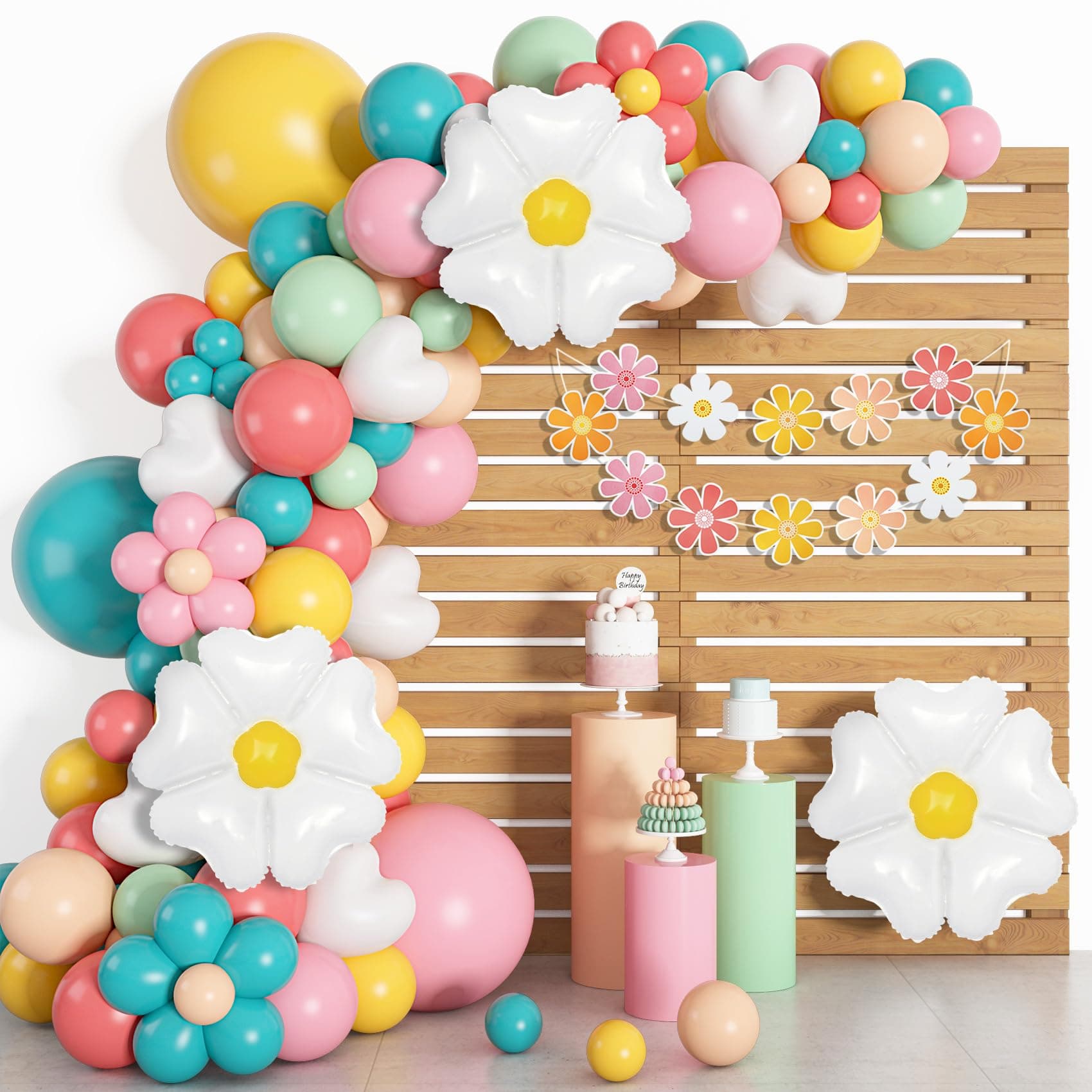 161pc Daisy Balloon Garland Arch Kit, Pastel Groovy Flower Party Decorations with Pink Yellow Orange Blue Green Daisy Banners for Baby Shower Retro Hippie Two Groovy Boho Birthday Party Decor