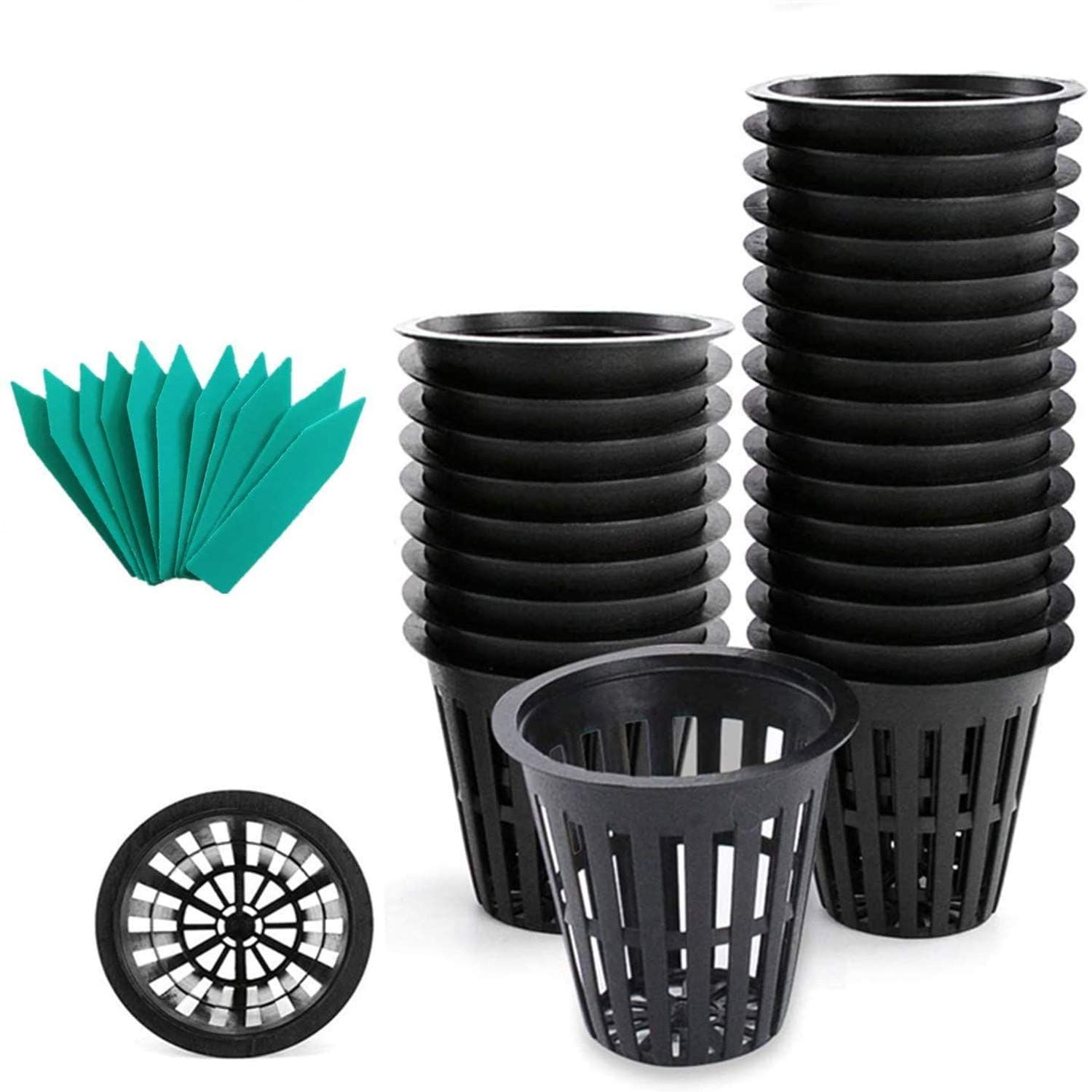 SYOURSELF Nursery Pots 50 Pack 2 inch net Pot, Garden Slotted Mesh Plastic Plant Net Cup with 50 Plant Labels, Heavy Duty Wide Lip Round Bucket Basket for Hydroponics(Black)