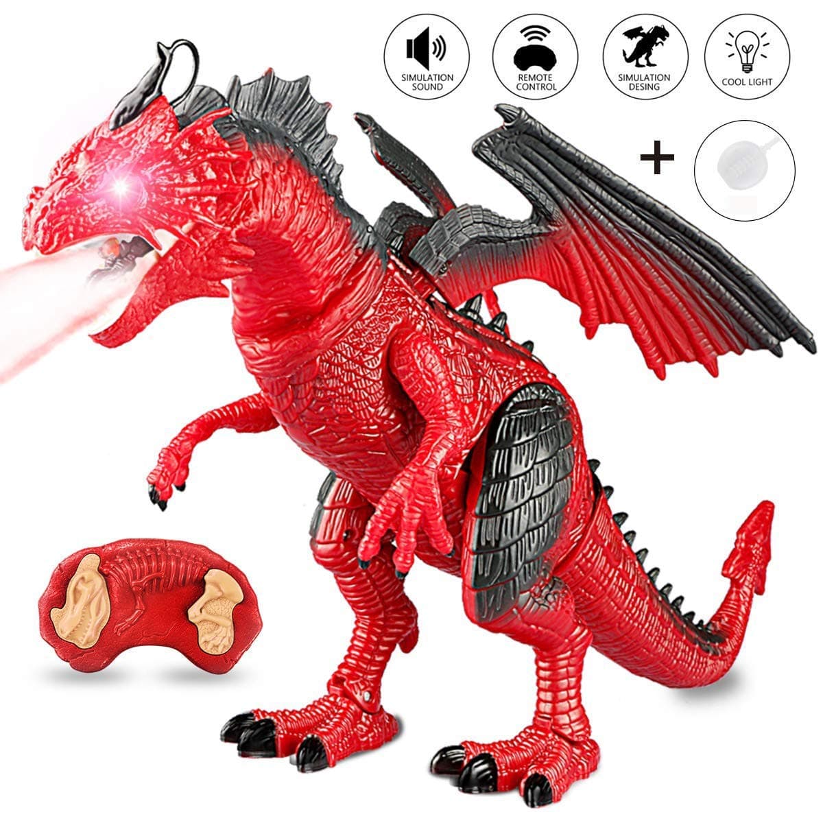 CALOVER Remote Control Dragon R/C Walking Dinosaur Pet Toy Animal for Red Dragon Figures Learning with Roaring Spraying Light Up Eyes for Birthday Xmas Gifts