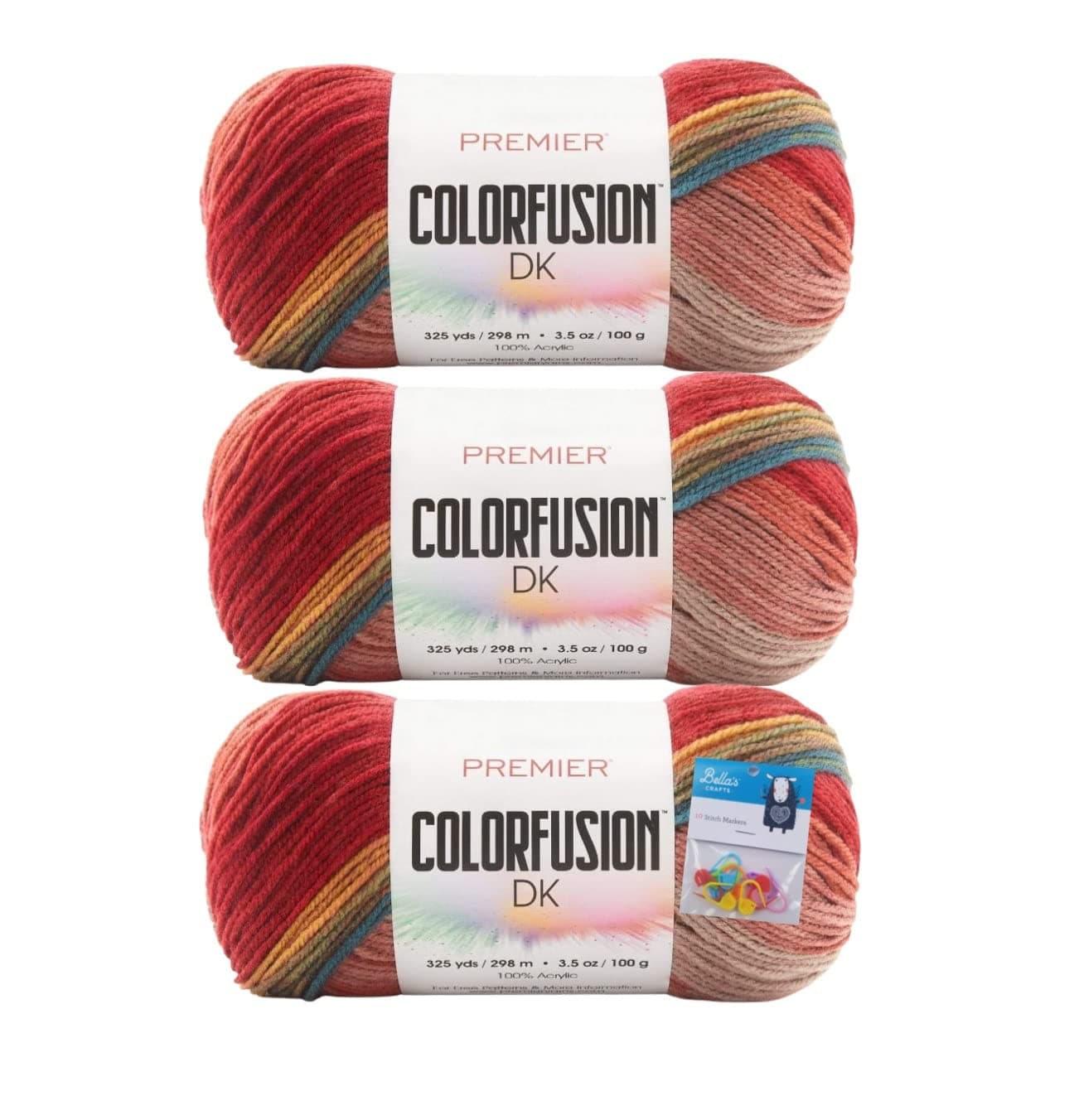 Premier Yarn Colorfusion DK - 3.5 Oz - #3 Light Weight - 3-Pack Bundle with Bella's Crafts Stitch Markers (Autumn Sky)