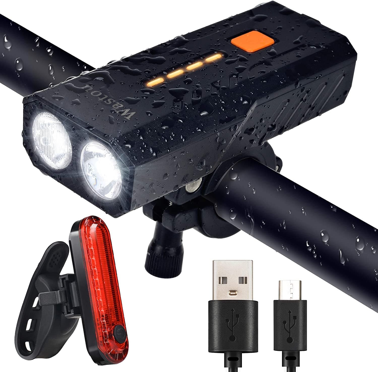 Wastou Bike Lights, Super Bright Bike Front Light, IPX6 Waterproof 3 Modes Cycling Light Flashlight Torch with USB Rechargeable Tail Light(USB Cable Included) (Black-B)