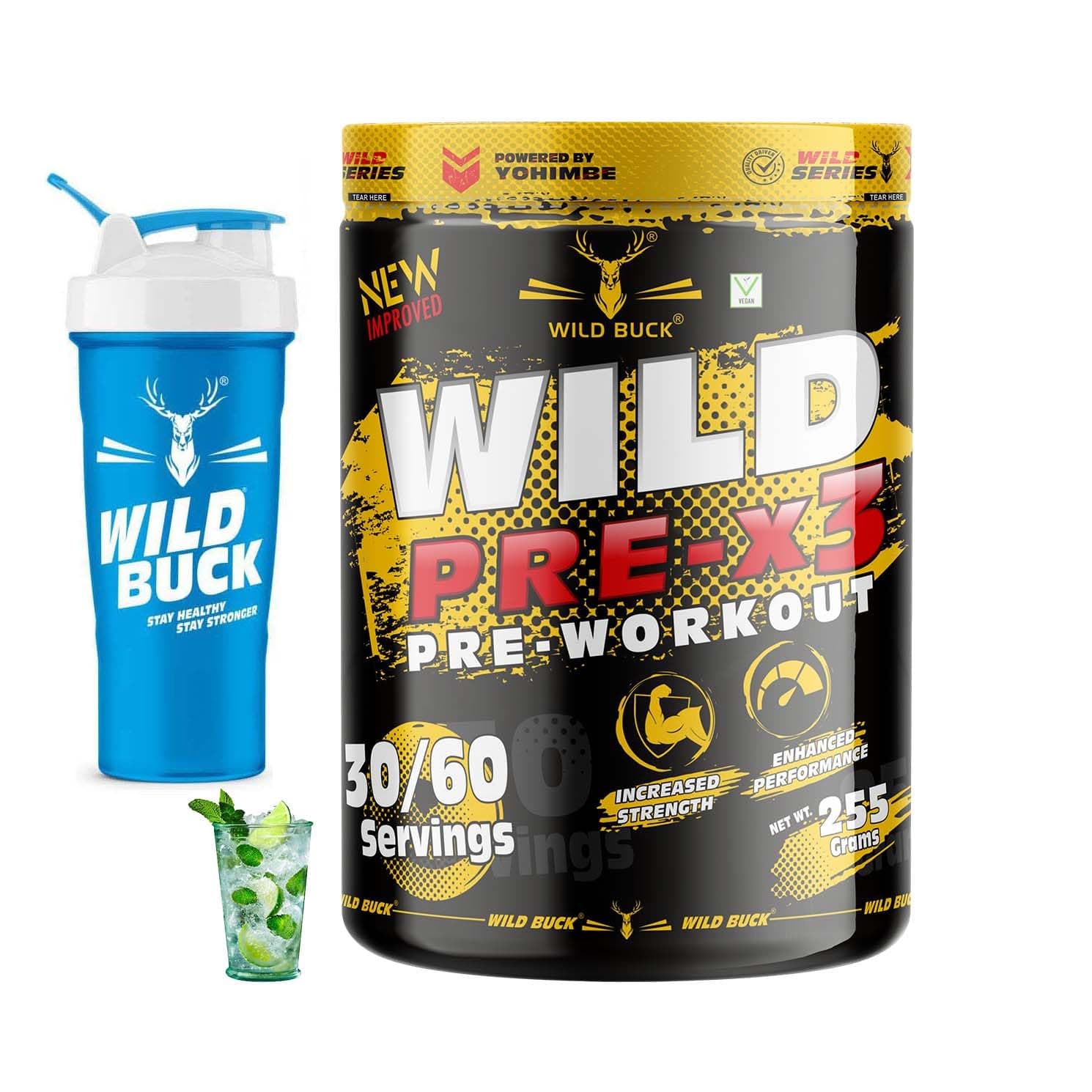 - WILD BUCK Wild Pre-X3 Hardcore Pre-Workout Supplement With Creatine Monohydrate,Explosive Muscle Pump -For Men & Women [30-60 Servings,Virgin Mojito,255 G] Free Shaker Powder,2 Count