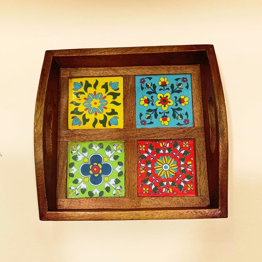 Ceramic Tile Tray, Hand Painted Multi Color Design, Wooden Base Home Decor Tray