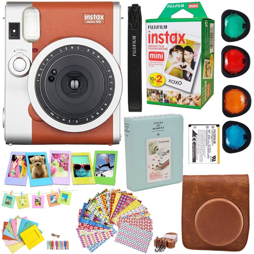 Fujifilm Instax Mini 90 Neo Classic Instant Film Camera (Brown) + Fuji Instax Film Twin Pack (20PK) + Accessories Kit/Bundle + Fitted Case + 4 Filter Lens + Frames + Photo Album + More