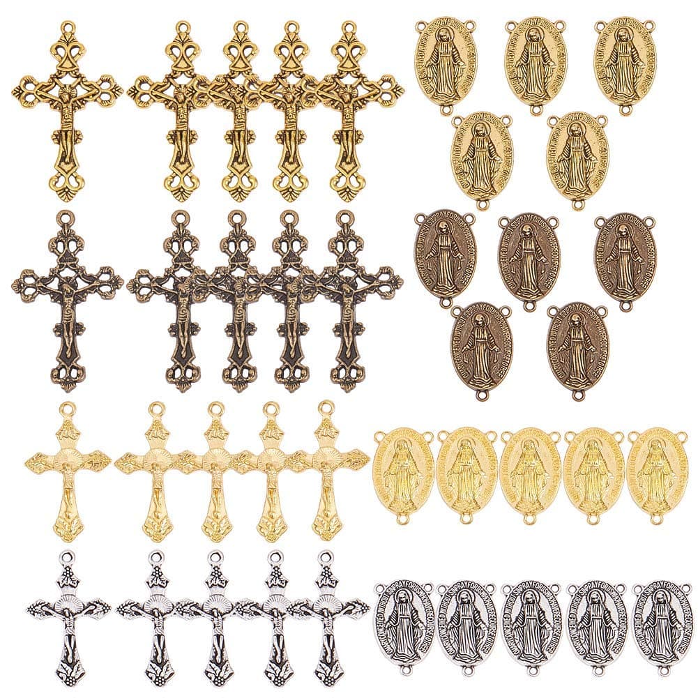 SUNNYCLUE Tibetan Style Rosary Cross Charms and Center Miraculous Medal Easter Vintage Cross Crucifix Pendants Oval Chandelier Links Bronze Connector Charm for Rosary Bead Necklace Making Supplies