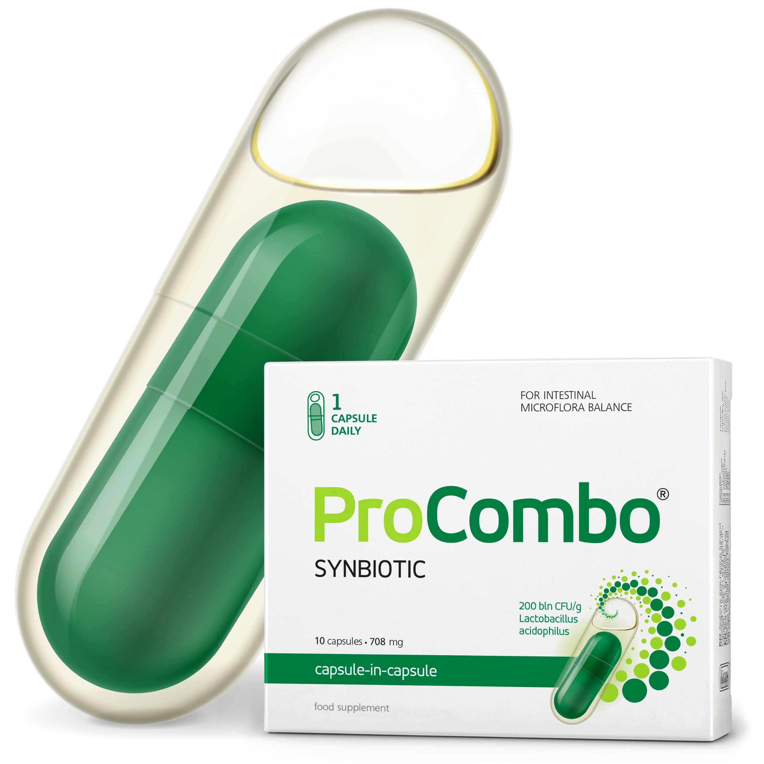 ProCombo - The Smart synbiotic with targeted delivery of The Good Bacteria. Double Capsule and Liquid Formula for Fast Results. 1 Capsule per Day