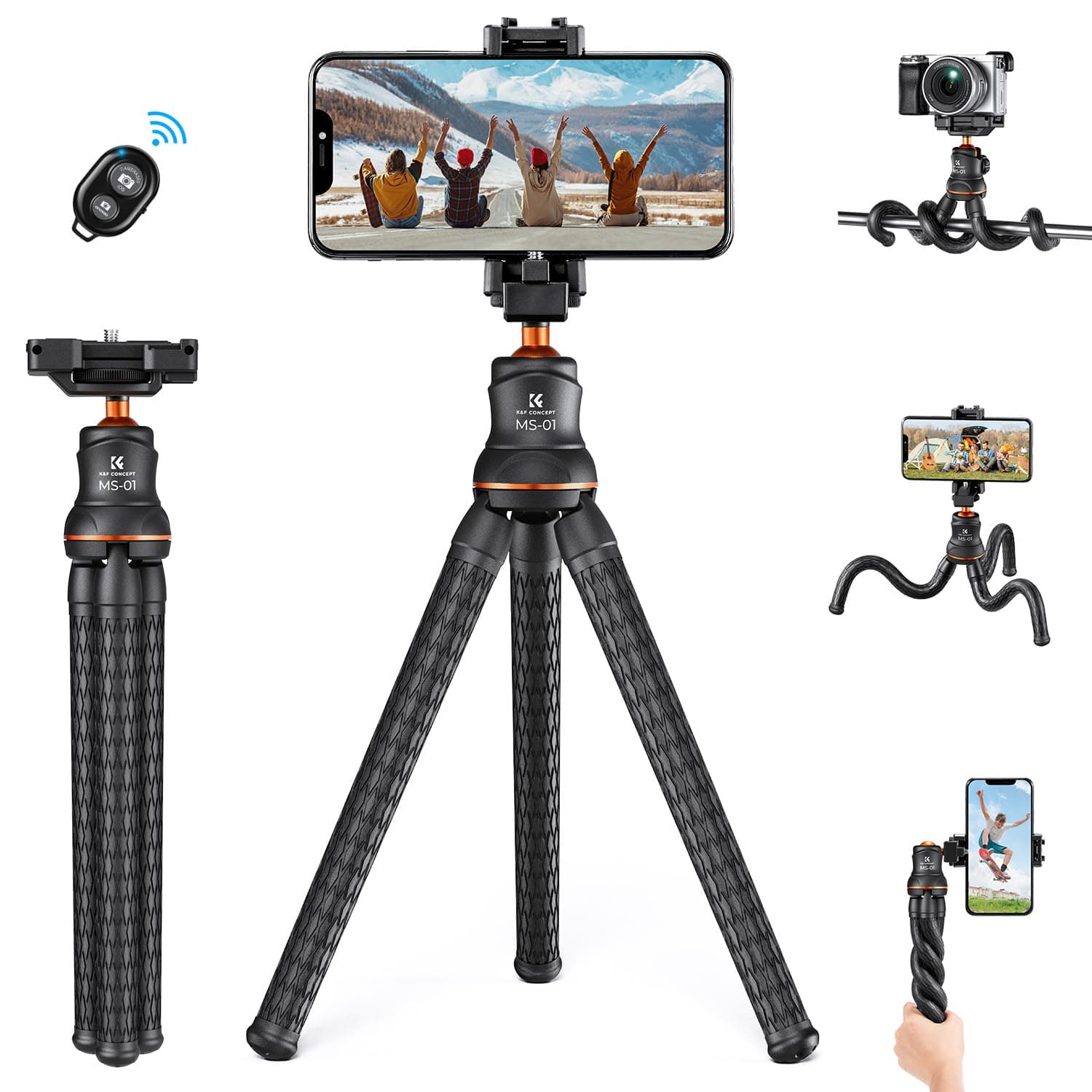 K&F Concept Mini Tripod Stand, Flexible Camera Cellphone Tripod with Bluetooth Remote, 1/4'' Screw with Phone Holder&Cold Shoe, 6.6lbs Max Load Compatible with Smartphone/Canon Nikon Sony Camera