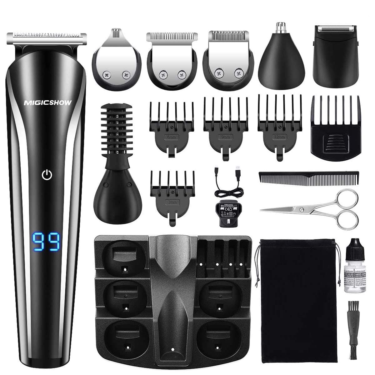 MIGICSHOW Hair Clippers Beard Trimmer for Men Rechargeable Cordless Professional Hair Clippers Kits with Precision Electric Shaver Body Groomer Nose/Ear Trimmer with Washable Attachments 11 in 1