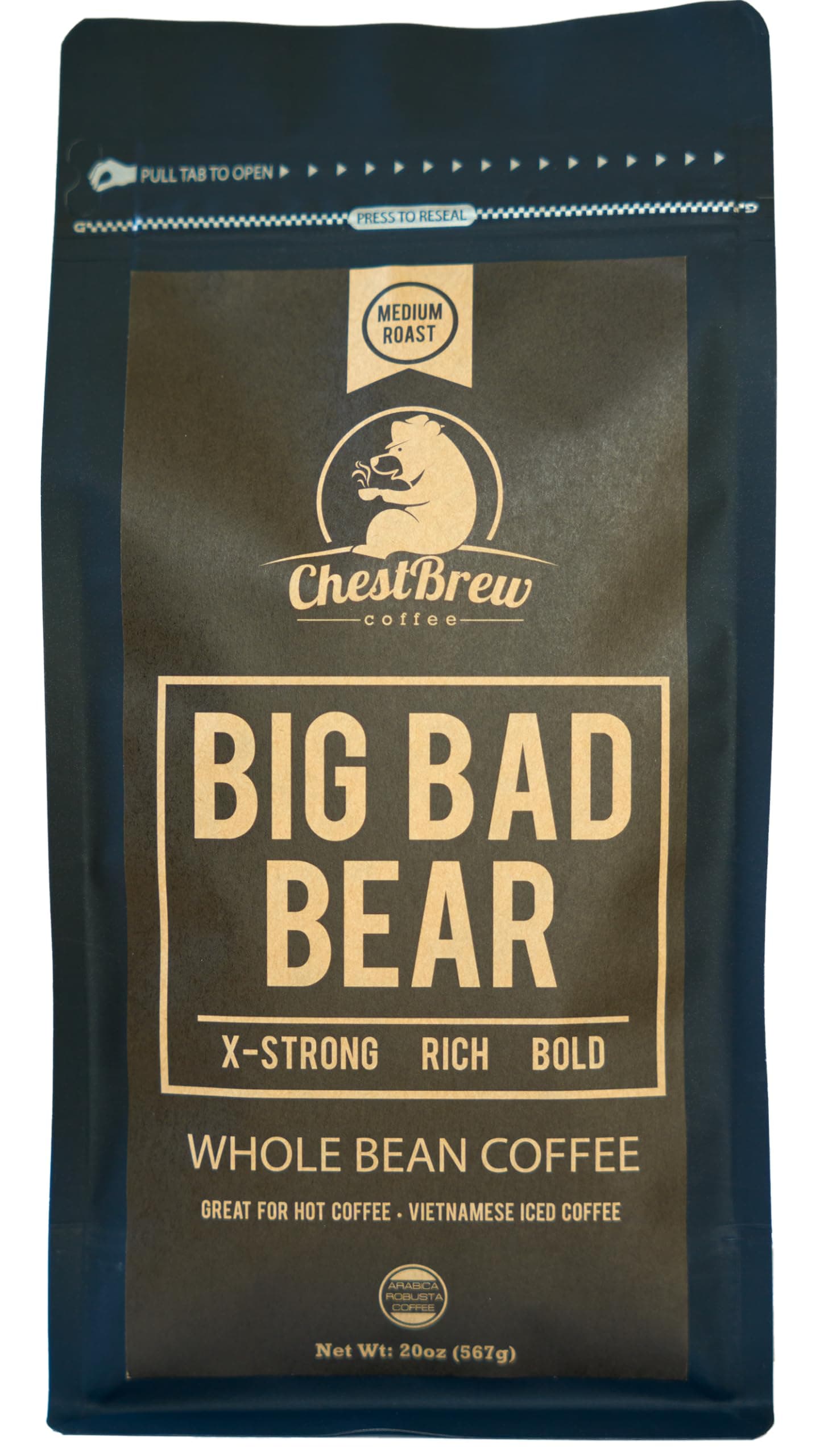 Chestbrew Whole Bean Coffee. Strong Medium Roast Vietnamese Coffee - Big Bad Bear Premium 20 Ounce Bag