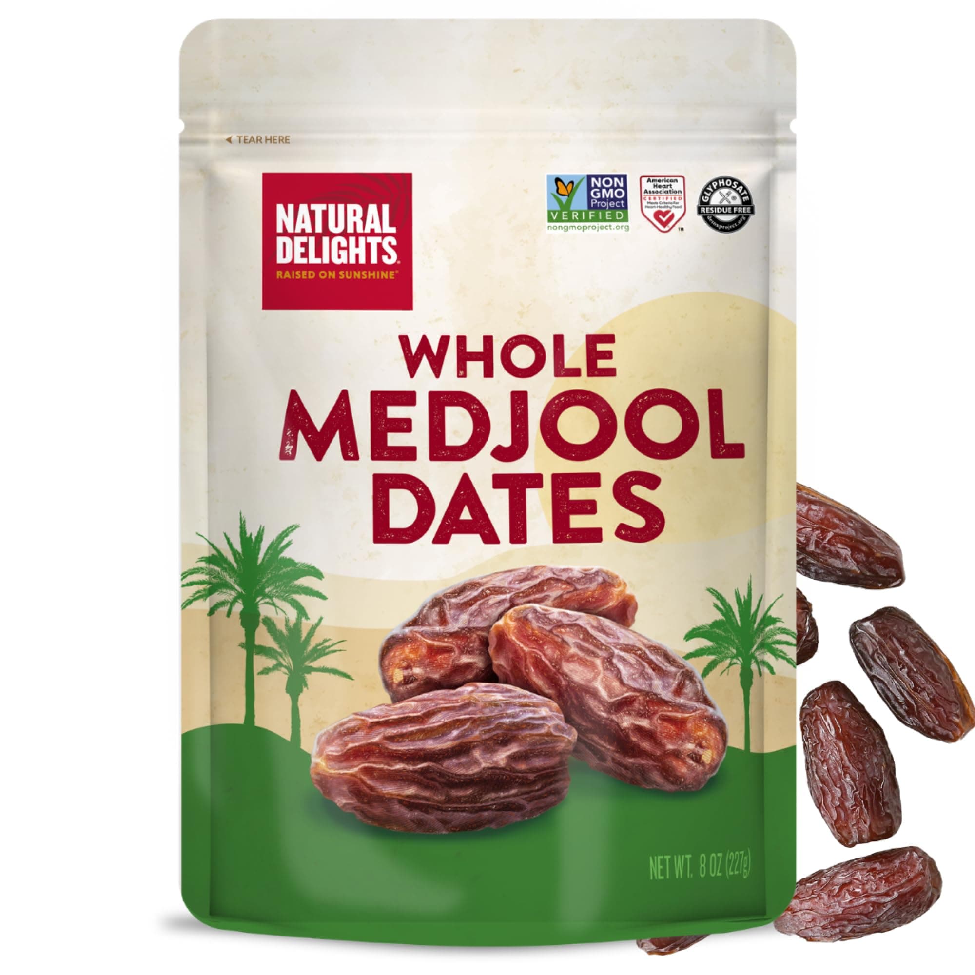 Natural Delights Medjool Dates – Large & Plump Non-GMO Verified, Good Source of Fiber, Naturally Sweet Fruit Snack, Perfect for On-the-Go - Medjool Dates Whole, 8 oz Container