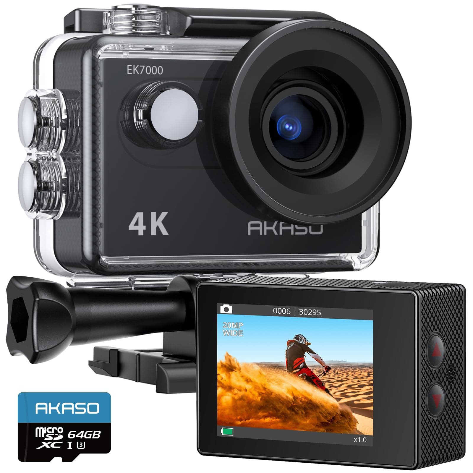 AKASO EK7000 4K30FPS 20MP Action Camera with 64GB microSDXC Memory Card 4k Ultra HD Camera Underwater 131FT Waterproof Camera 170 Degree Wide Angle Support External Microphone