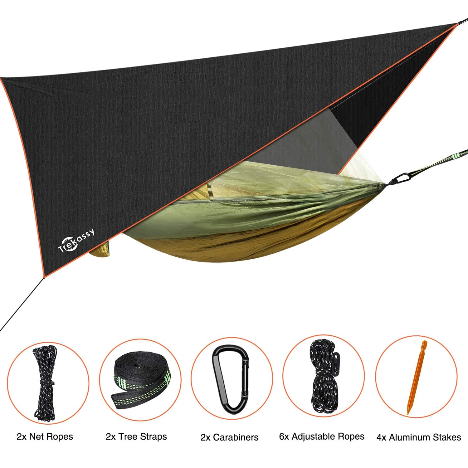 Trekassy 118”x 78” Portable Double Camping Hammock with Removable Mosquito Bug Net, Rain Fly and Tree Straps for Indoor, Outdoor, Backpacking, Travel, Beach, Hiking