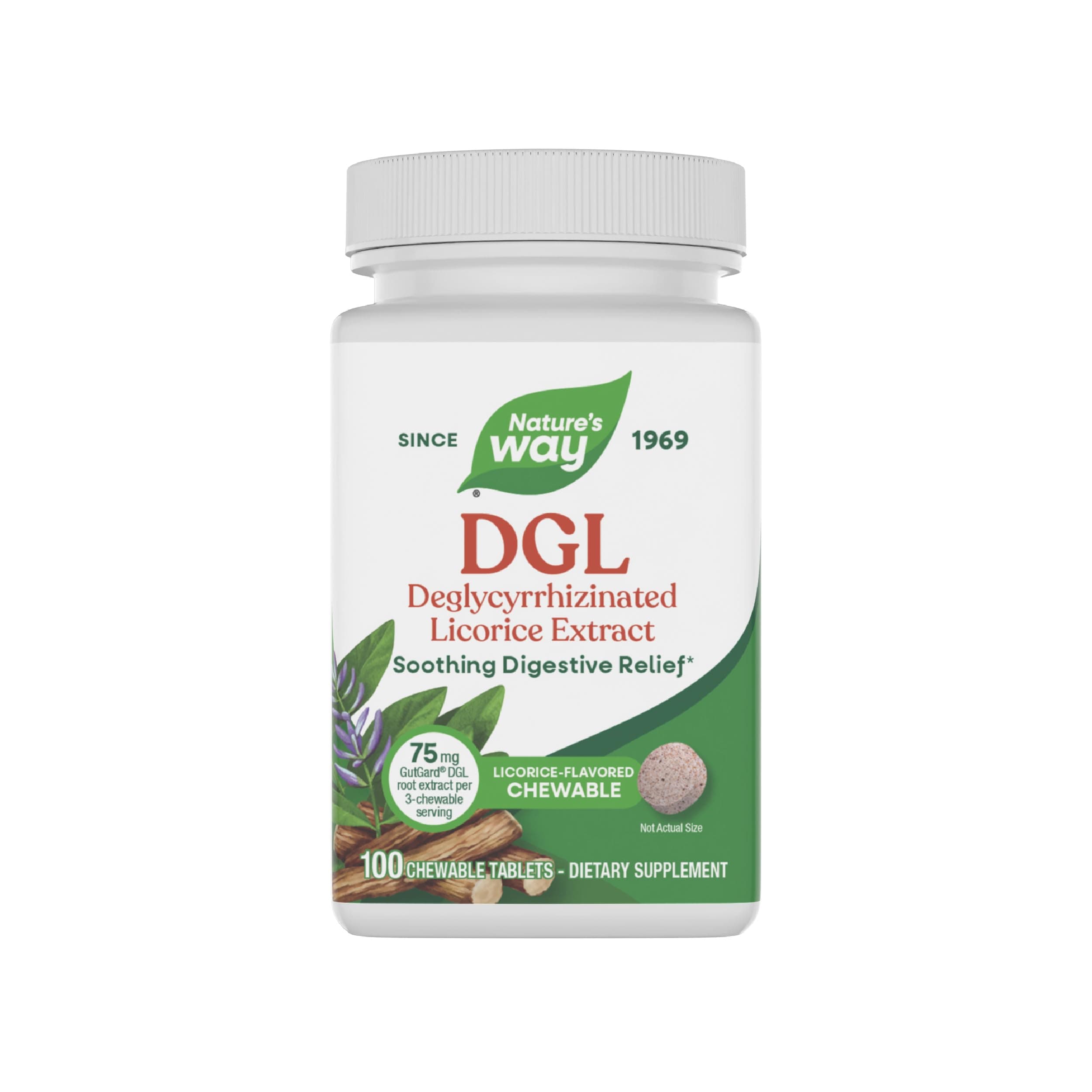 DGL Chewable Tablets, Soothing Digestive Relief*, For Occasional Stomach Upset*, Deglycyrrhizinated Licorice Extract, Gluten Free, Licorice Flavored, 100 Tablets (Packaging May Vary)
