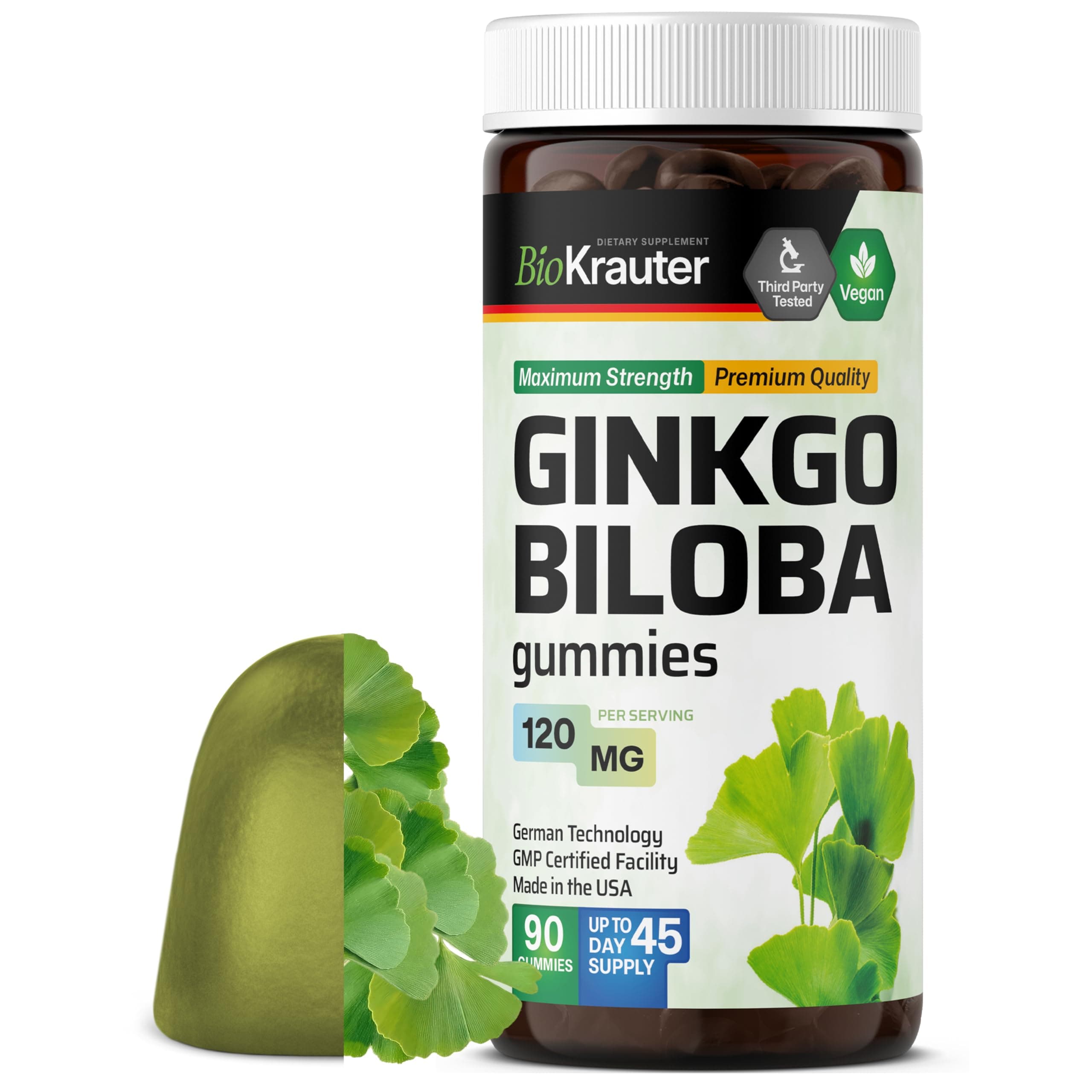 BIO KRAUTER Ginkgo Biloba Gummies - 90 Vegan Chews - Ginkgo Biloba Supplements for Brain Support - 120 mg Standardized Extract - Pectin-Based Formula