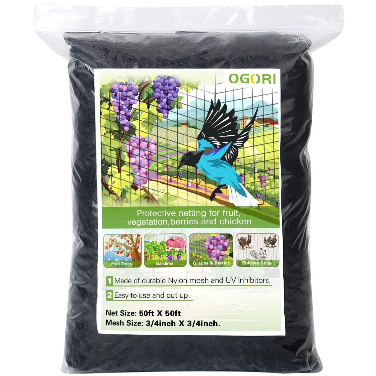 OGORI 50' x 50' Bird Netting Heavy Duty Nylon 3/4" Mesh Garden Netting Protect Fruit Trees, Plants and Vegetables
