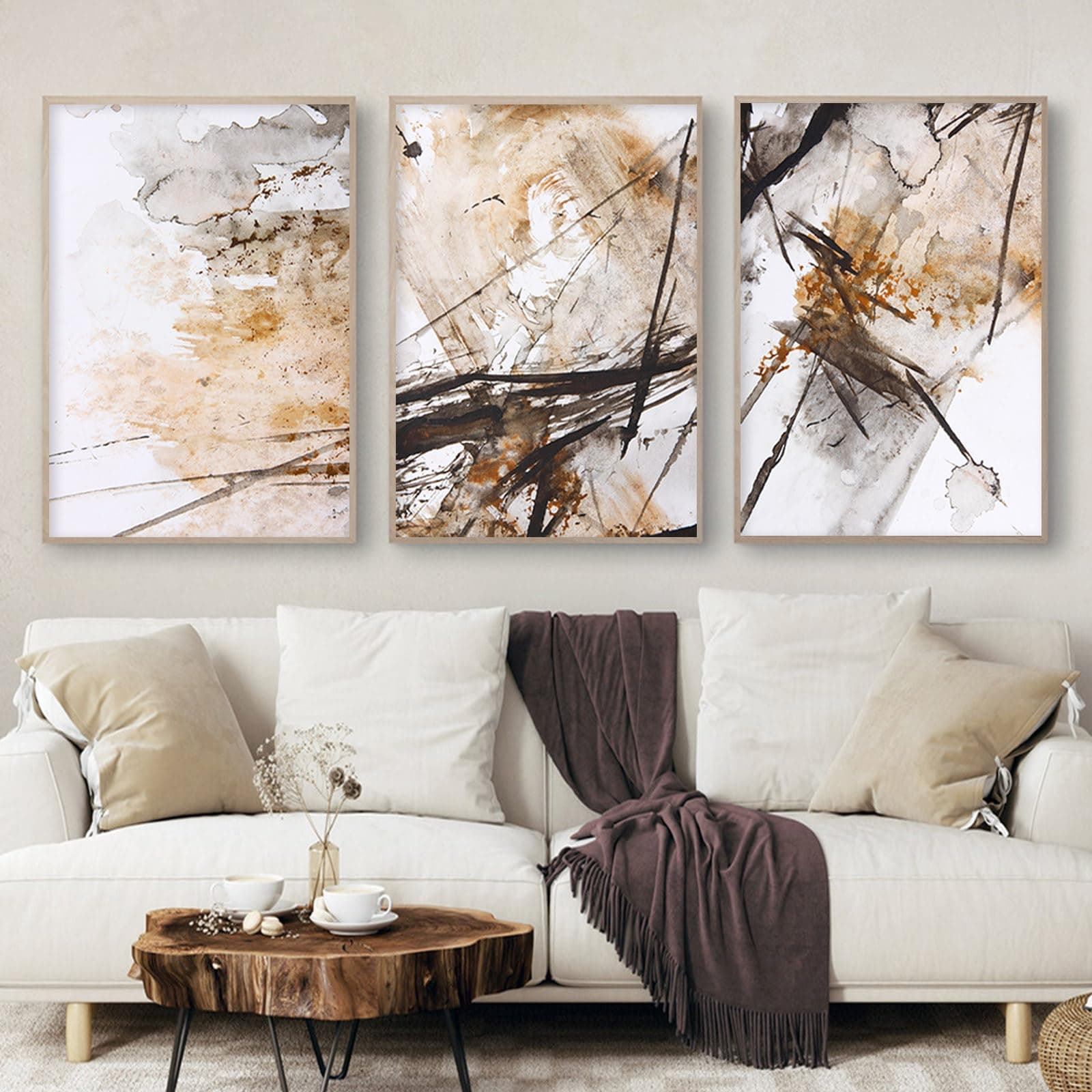BACKYMRJCART Abstract Brown Wall Art - 16x24inch Frameless Canvas Prints - Grey Brown Beige Watercolor Art - Set of 3 - Perfect for Bedroom Decor, Living Room, Kitchen, Office