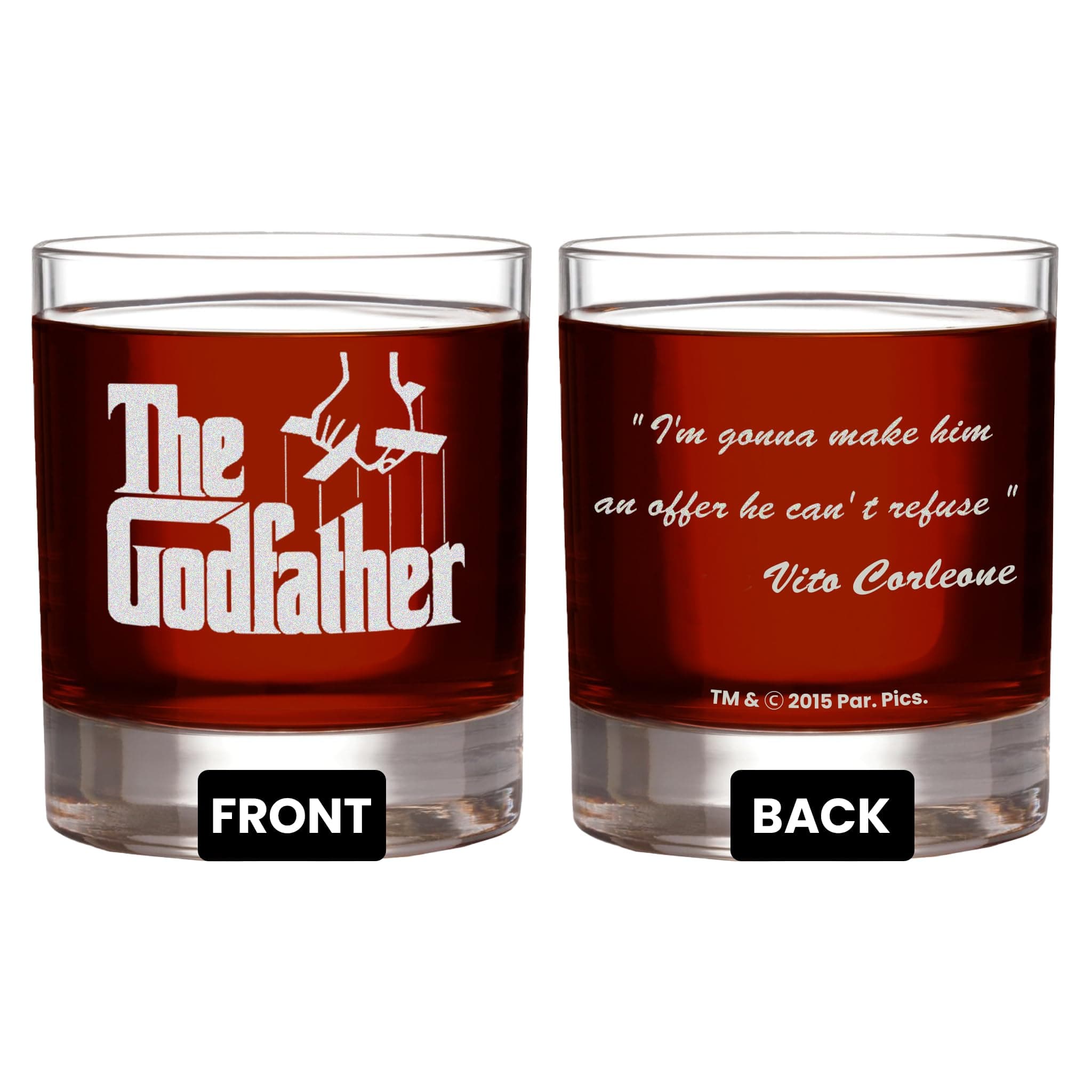 Movies On Glass THE GODFATHER Etched Whiskey - with Logo & Quote ''I’m gonna make him an offer he can’t refuse'' Officially Licensed, Premium Quality, Handcrafted ware, 11 oz Etched Rocks