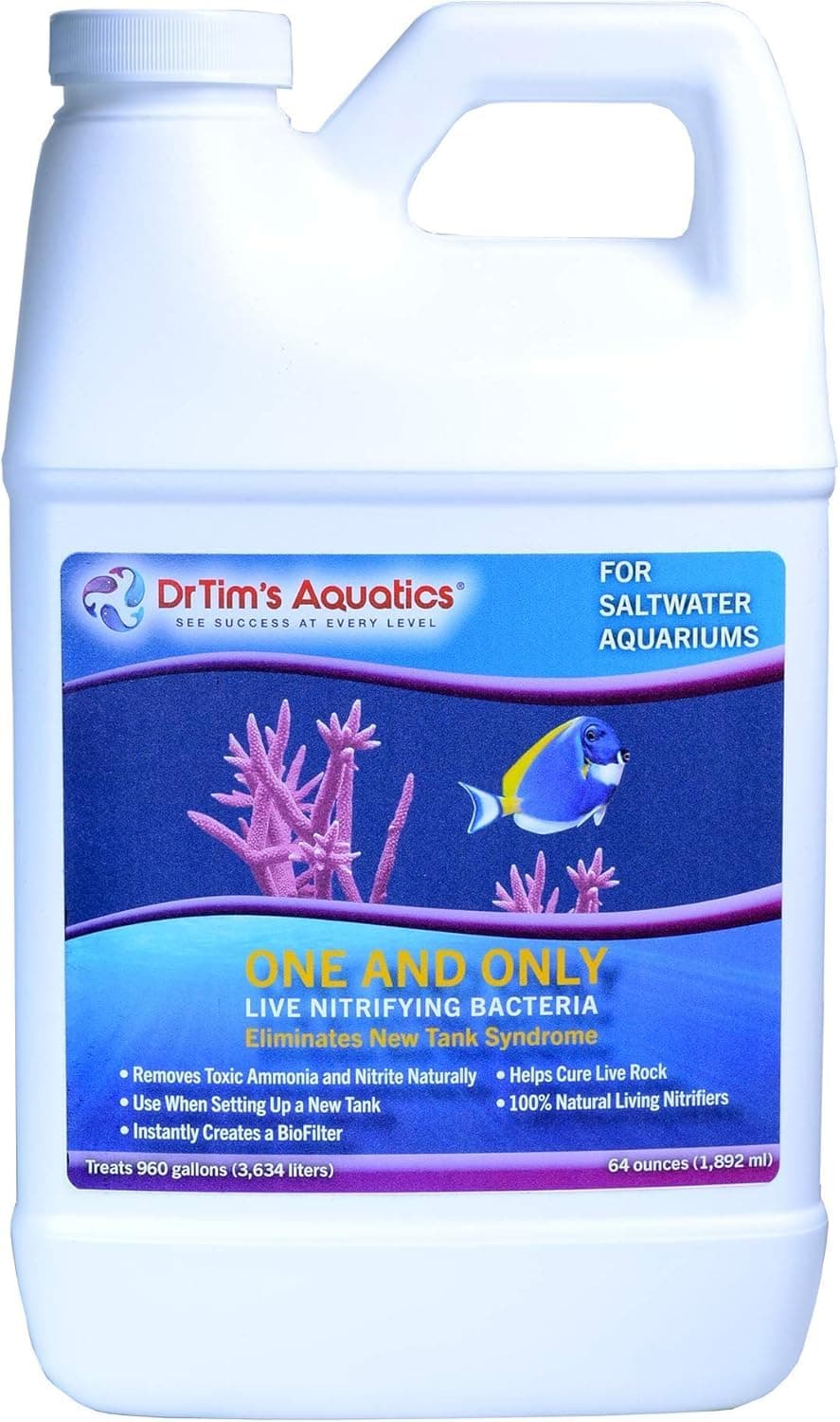 DrTim’s Aquatics Saltwater One & Only Nitrifying Bacteria – For New Fish Tanks, Aquariums, Water Filtering, Disease Treatment – H20 Pure Fish Tank Cleaner – Removes Toxins – 64 Oz