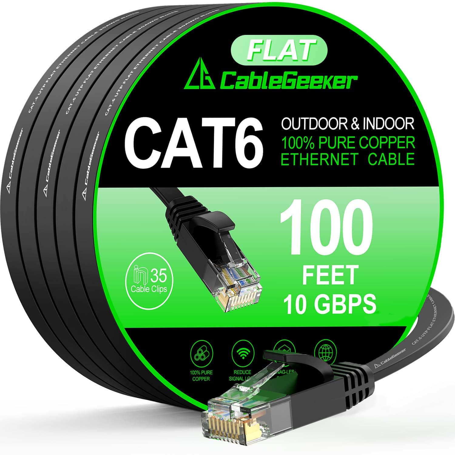 Cat 6 Ethernet Cable 100 ft, Indoor&Outdoor, High Speed 10Gbps Internet Network, Pure Copper Flat Ethernet Patch Cable Long, Computer LAN Cable with Clips & Straps for Router, Modem, PS4/5, Black