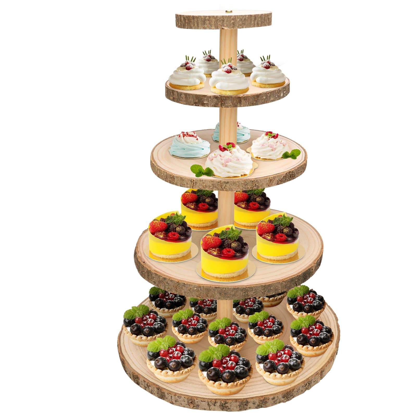 Ayfjovs 5 Tiered Wooden Cupcake Stand, Rustic Wood Cake Stand, Dessert Display Stand, Detachable Large Wood Slices Round Cupcake Tower Holder for Party and Rustic Wedding Decoration