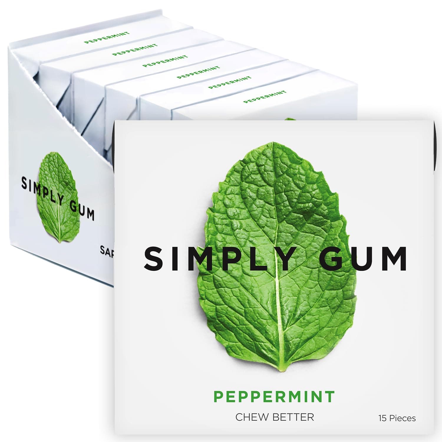 SIMPLY Gum Peppermint, Plastic-Free Natural Chewing Gum, 6 Pack (90 Pieces) | Vegan, Kosher, Non GMO, Aspartame Free and Sorbitol Free