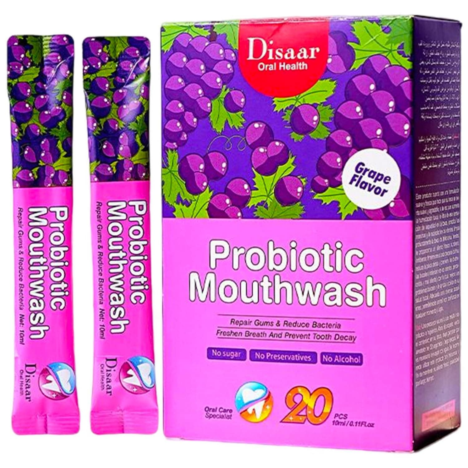 Probiotic Mouthwash Removes Tooth Stains Soft Cool Mouth Feeling Protect Clean Deodorant Teeth 0.11fl.oz X 20pcs (Grape - Repair Gums & Fresh Breath & Prevent Decay)