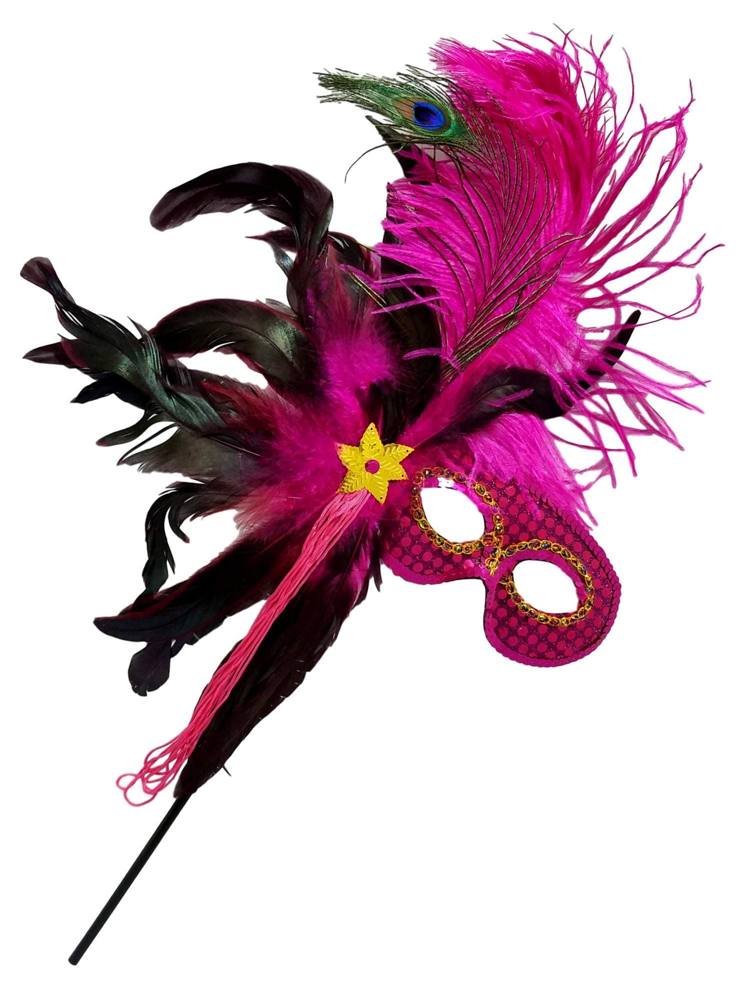 Mardi Gras Masquerade Feather Costume Stick Mask or Table Centerpiece Decoration (FUCHSIA)