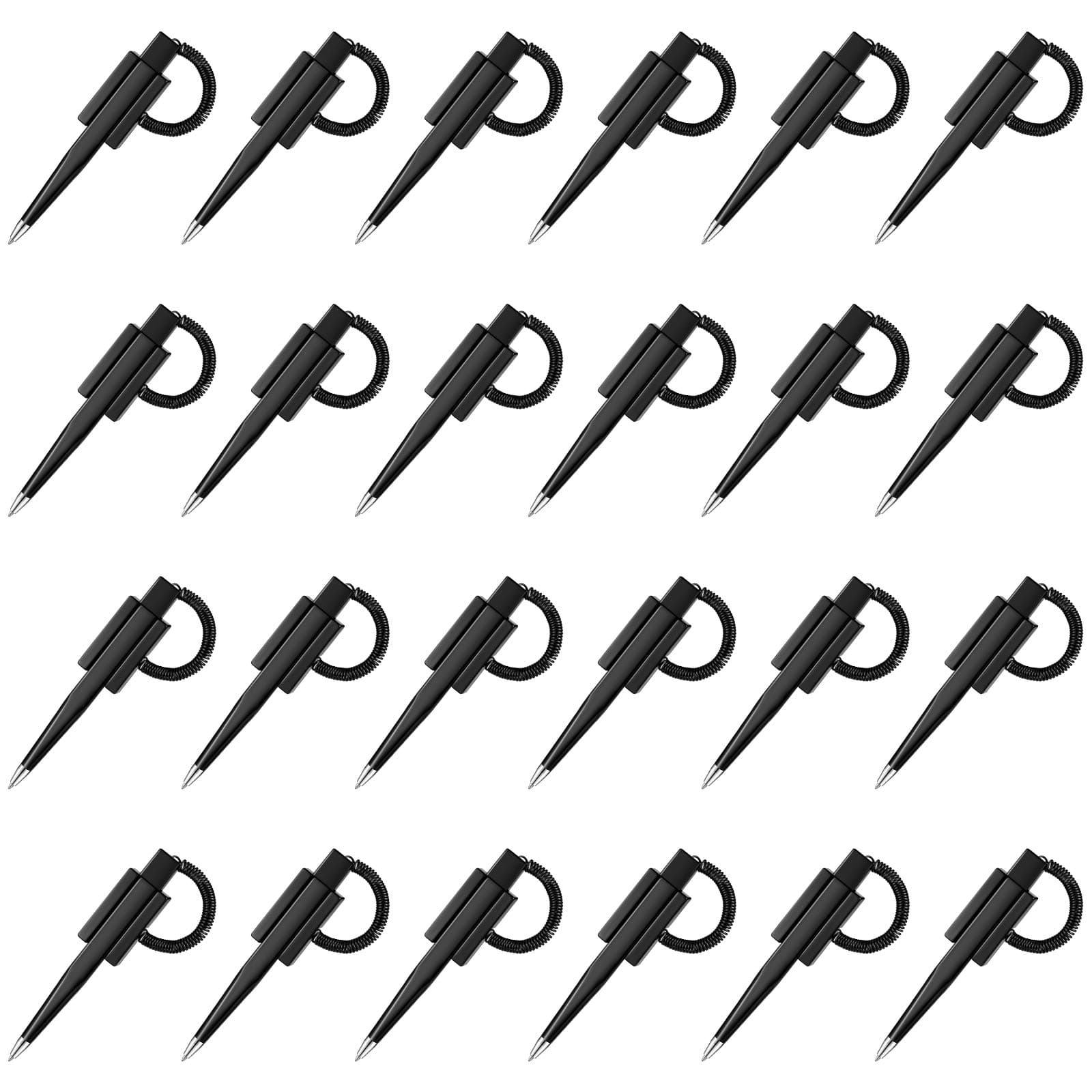 Zonon 24 Pieces Secure Counter Pens with Adhesive Chain Black Ink Counter Pen with Base Pen Holder and Plastic Coil Reception Pens for Home Bank Office Hotel Supplies