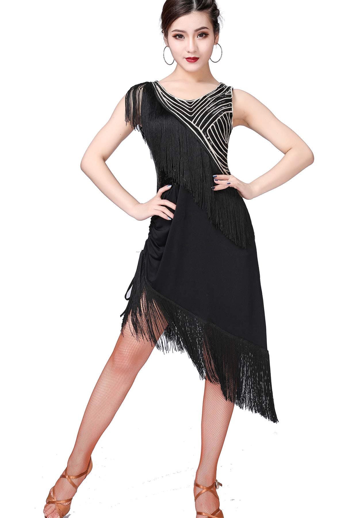 Lady's Latin Tango Rumba Cha Cha Belly Dance Sequin Party Fishtail Fringe Dress with Underwear Tassel