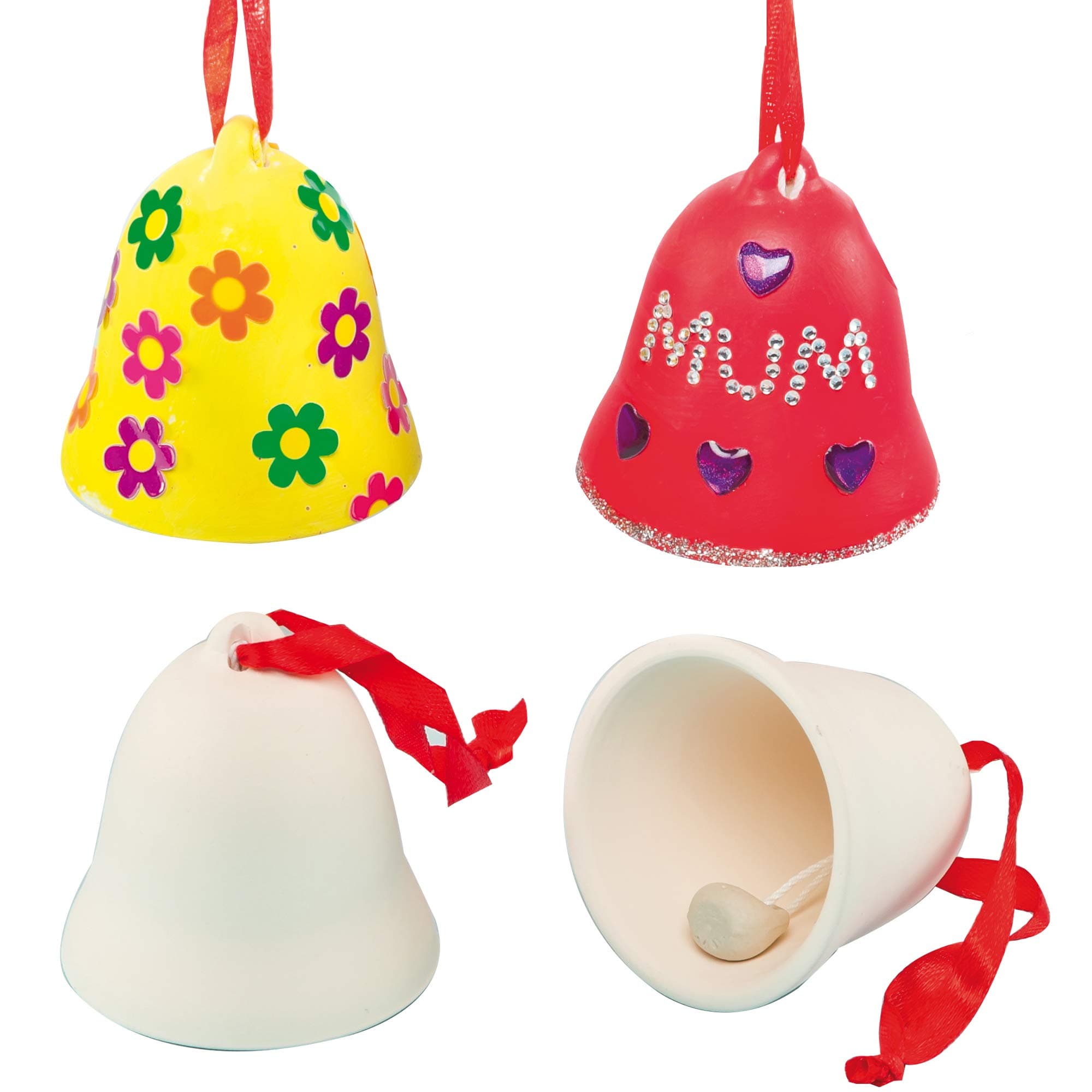 Baker Ross Customisable Ceramic Bells — Creative Christmas Art and Craft Supplies for Kids to Make, Personalise and Decorate (Pack of 4)