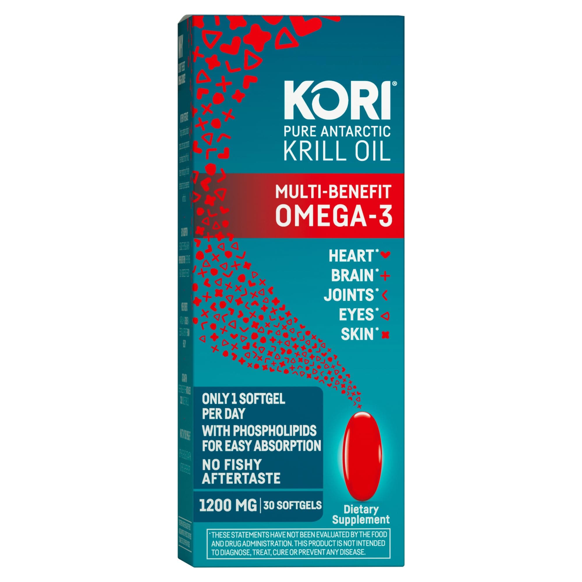 Kori Krill Oil Omega 3 Supplement, Antarctic Krill Oil with Superior Absorption vs Fish Oil, 1200mg Softgels, 30 Softgels, EPA & DHA