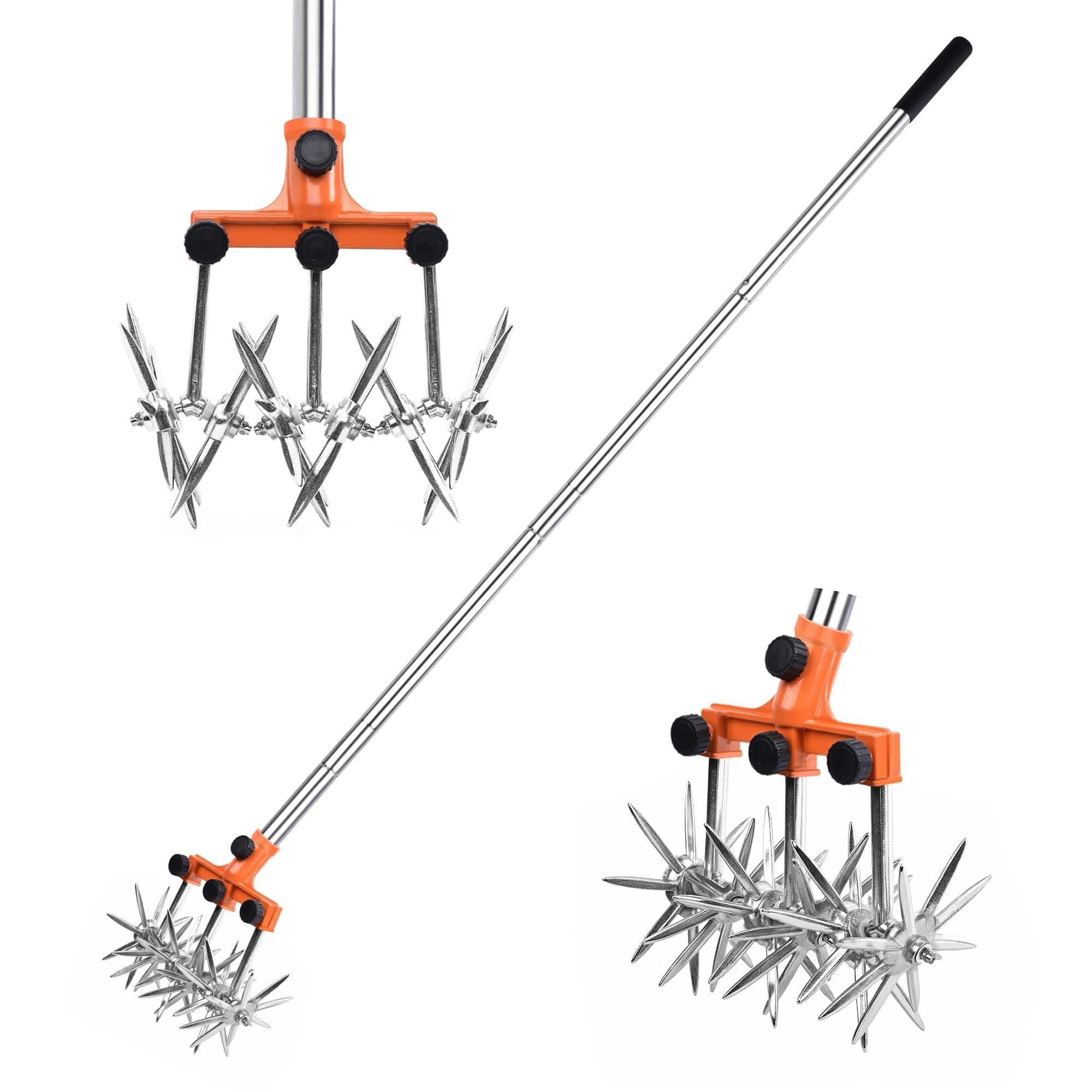 Rotary Cultivator Garden Rotary Tiller Adjustable Stainless Steel Poles Hand Tiller for Soil Mixing or Reseeding Grass Lawn Tiller Total Length 57 Inch
