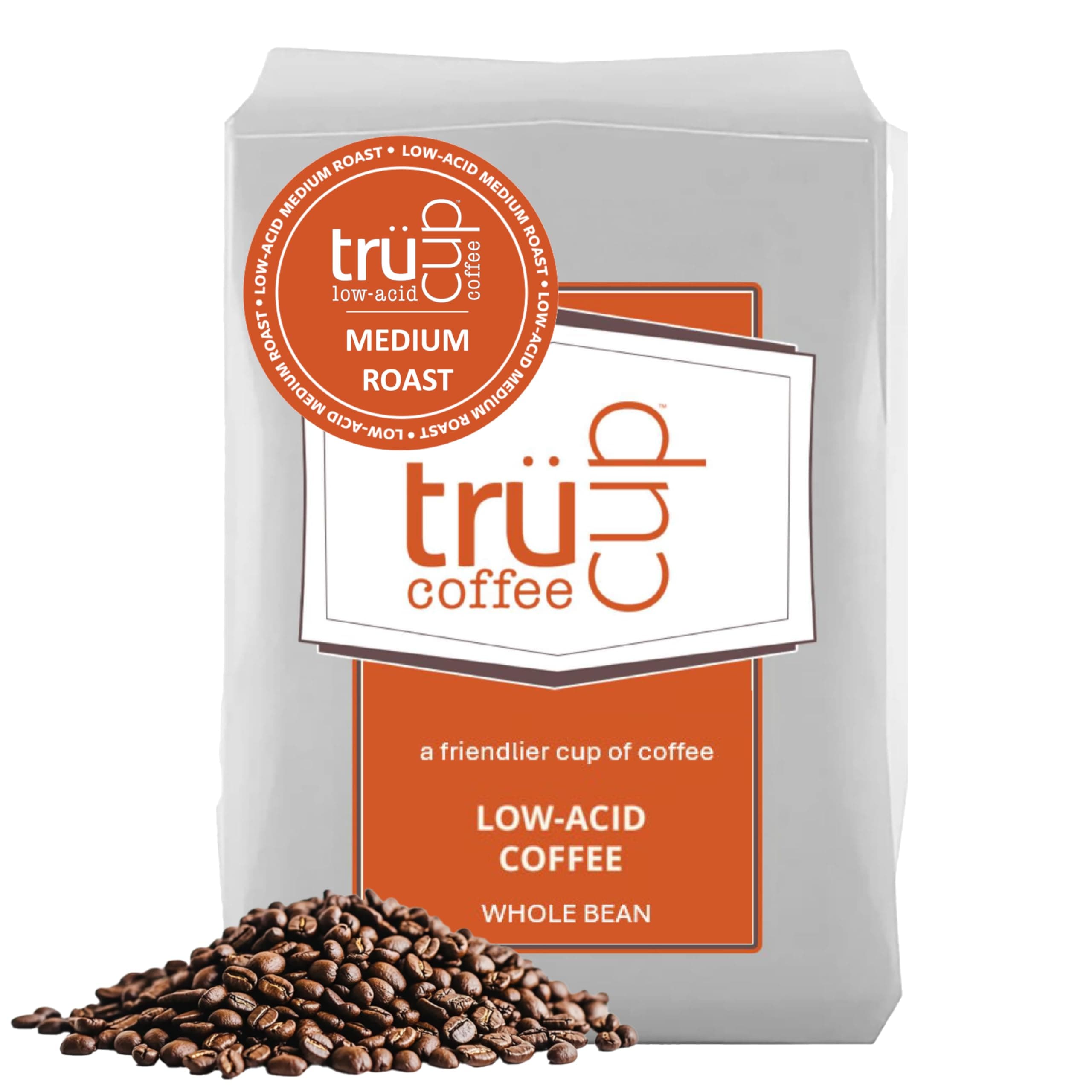 trücup Low Acid Coffee, Whole Bean Coffee Medium Roast 12 Oz, Natural Water&Steam Process (60% Less Acid), Smooth Flavor, Stomach-Friendly Rich in Antioxidants