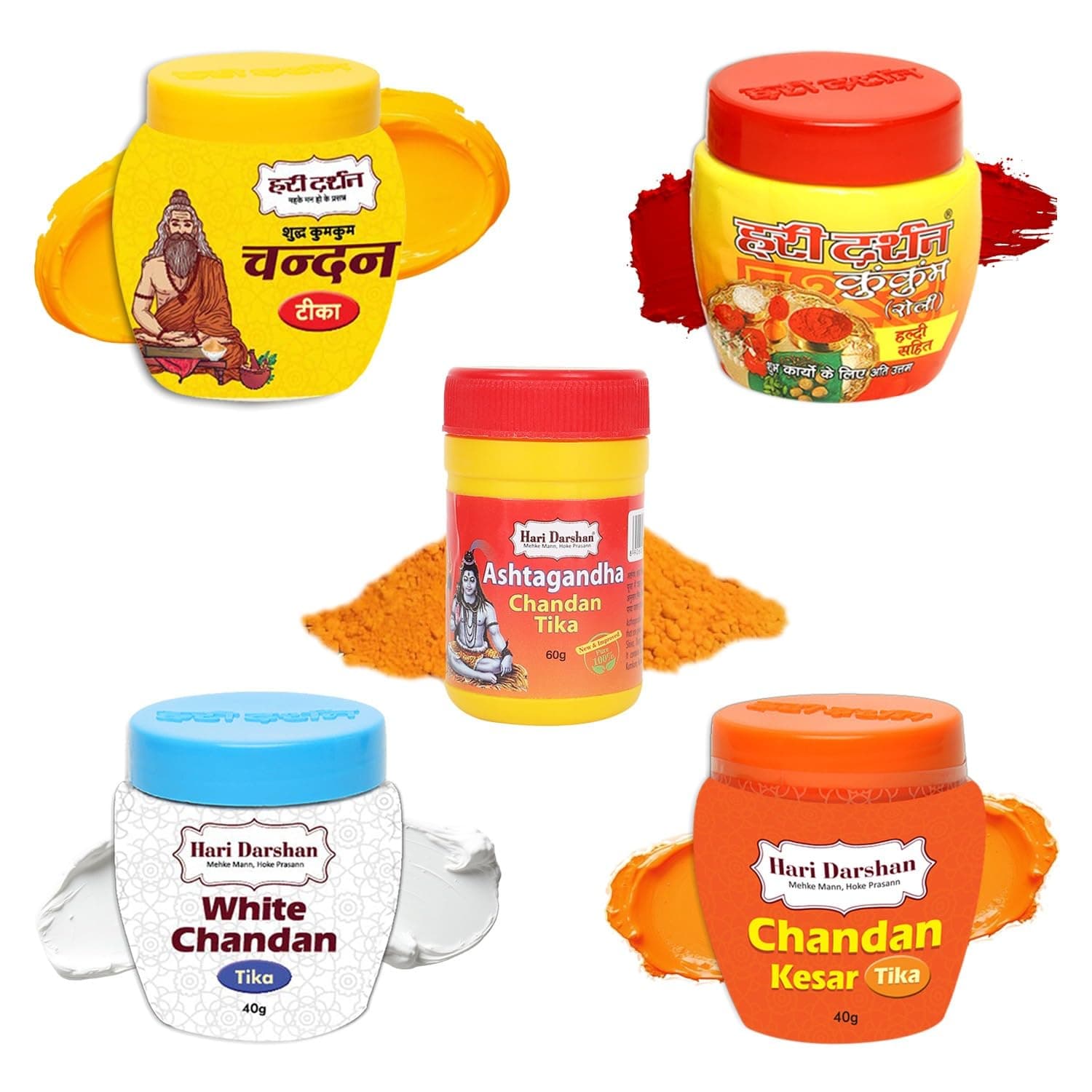 Hari Darshan Combo Chandan Tika | Kumkum Tika | Kesar Tika | Ashtagandha Tika | Kumkum Roli Tika | White Tika – Pack of 5