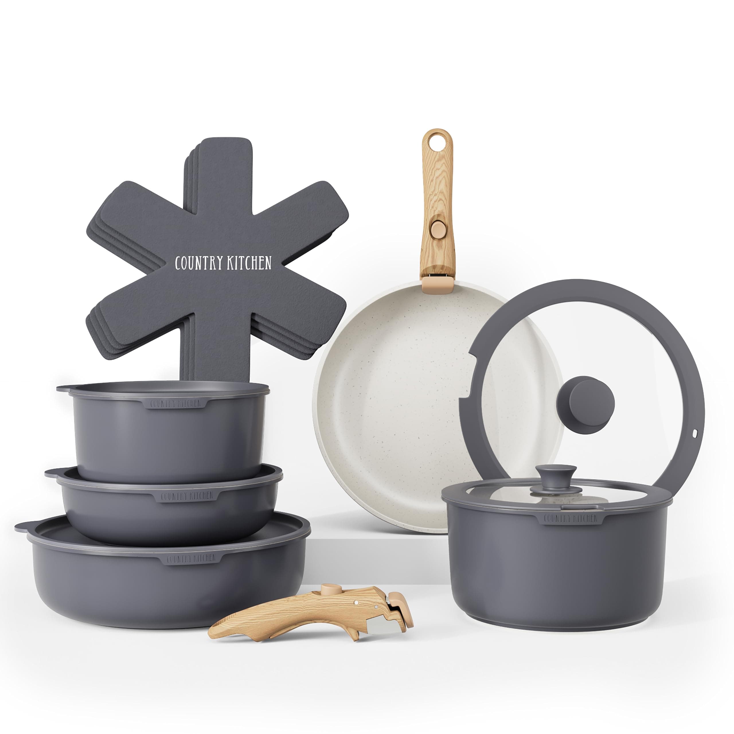 Country Kitchen Cookware Set with Removable Handle, Oven & RV Safe Pots and Pans Set, Grey/Ivory Wood Handle, Original