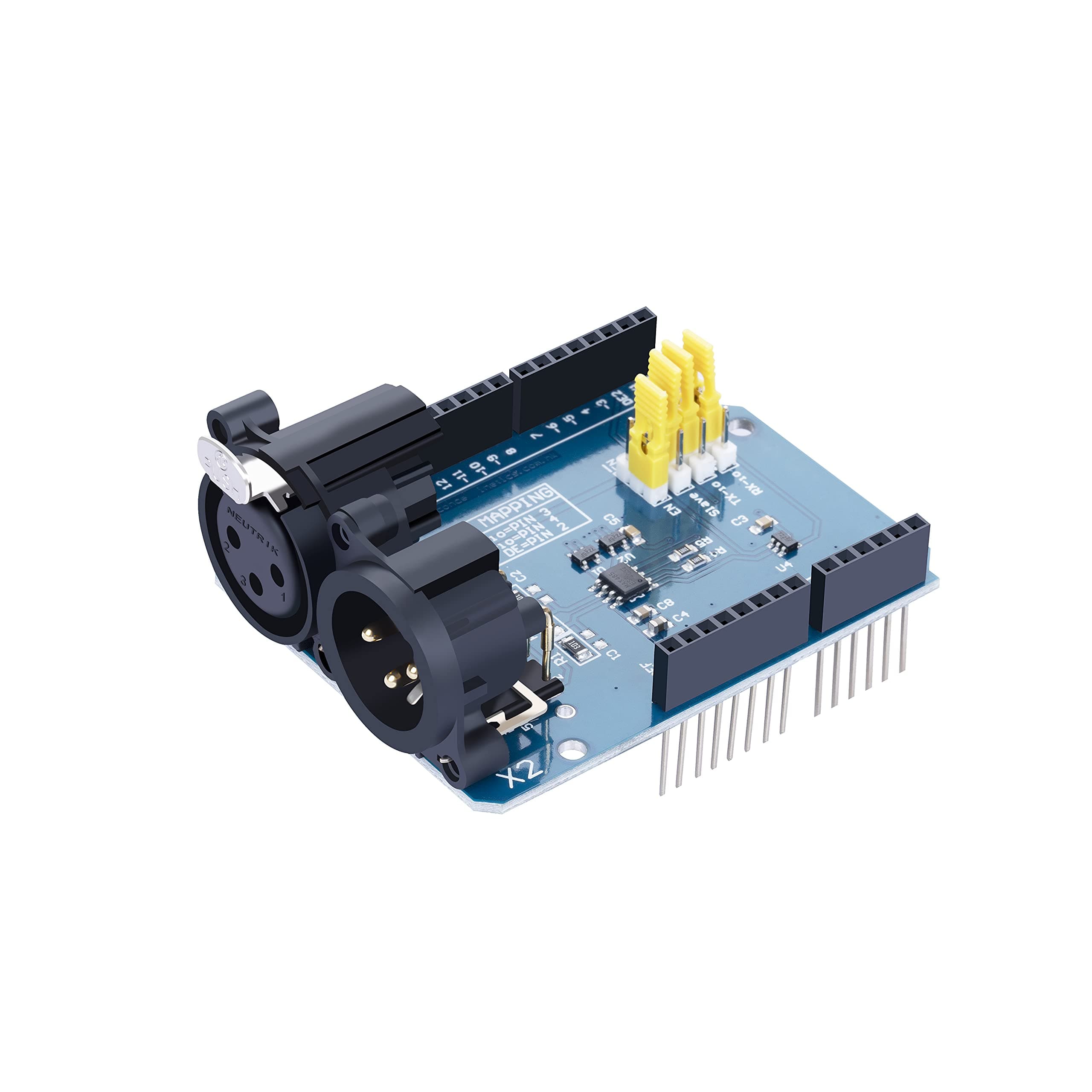 DMX/RDM Shield for Arduino,The Shield is Populated with NEUTRIK XLR 3pin Connectors,Device into DMX512 Network,MAX485 Chipset,Can be Used as DMX-Master, Slave and as RDM-Transponder.