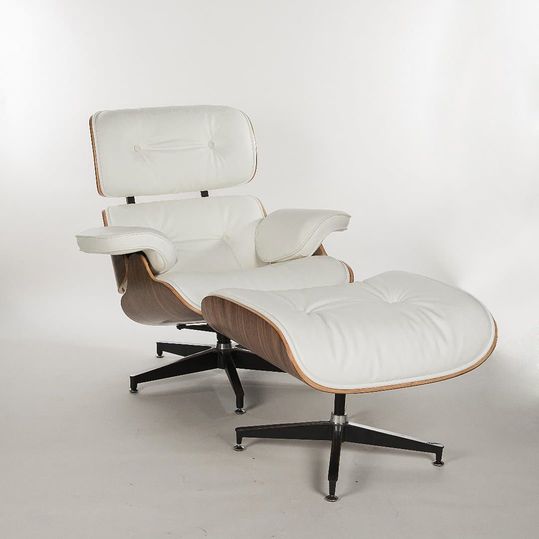 Upsun Simple Modern Fashion Style Living Room Genuine Leather Wood Lounge Chair and Ottoman (Walnutwood White)