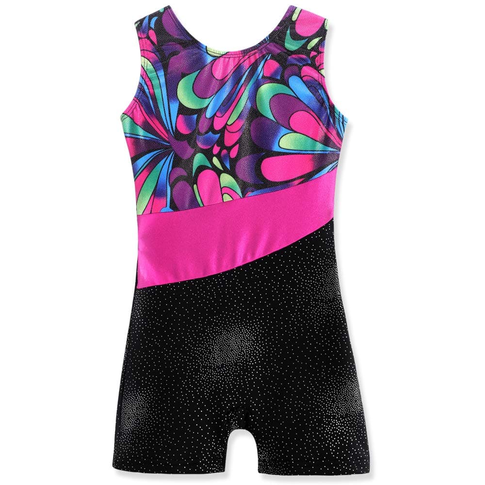Belovance Leotards for Girls Gymnastics with Shorts Sparkle Butterfly Flowers Pattern Sleeveless Biketards Hotpink Black
