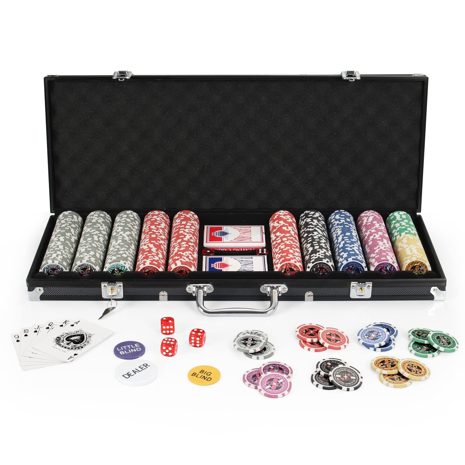 display4top Texas Holdem Poker Chips Set with Aluminum Case,2 Decks of Cards, Dealer, Small Blind, Big Blind Buttons and 5 Dice (500 Piece Chips)