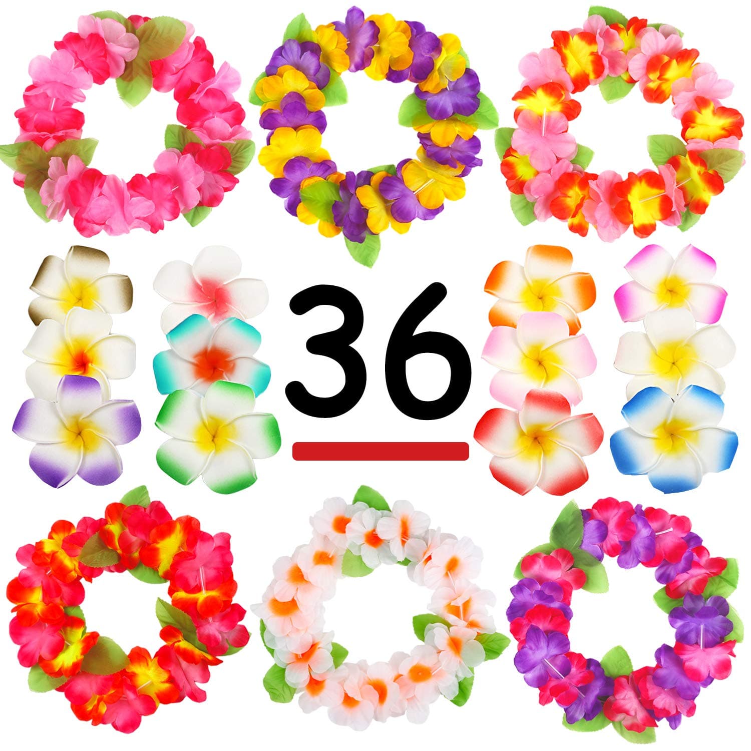 Hawaiian Luau, 36 Pack Flower Headband Lei and Hair Clips Set, Headpiece Hairpins Party Favors For Summer Beach Vacation, Tropical Party Decorations Supplies , Birthday, Wedding And Costume Events