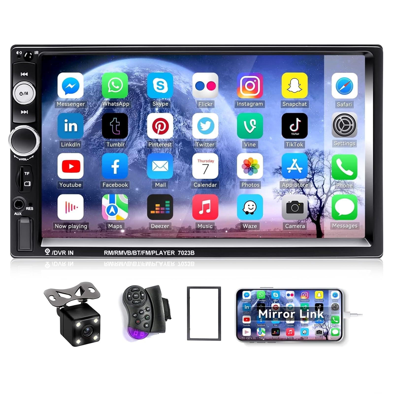 CAMECHO 7'' Double Din Car Screen Stereo Audio Bluetooth MP5 Player USB FM Multimedia Radio+ 4 LED Mini Backup Camera with Steering Wheel Remote