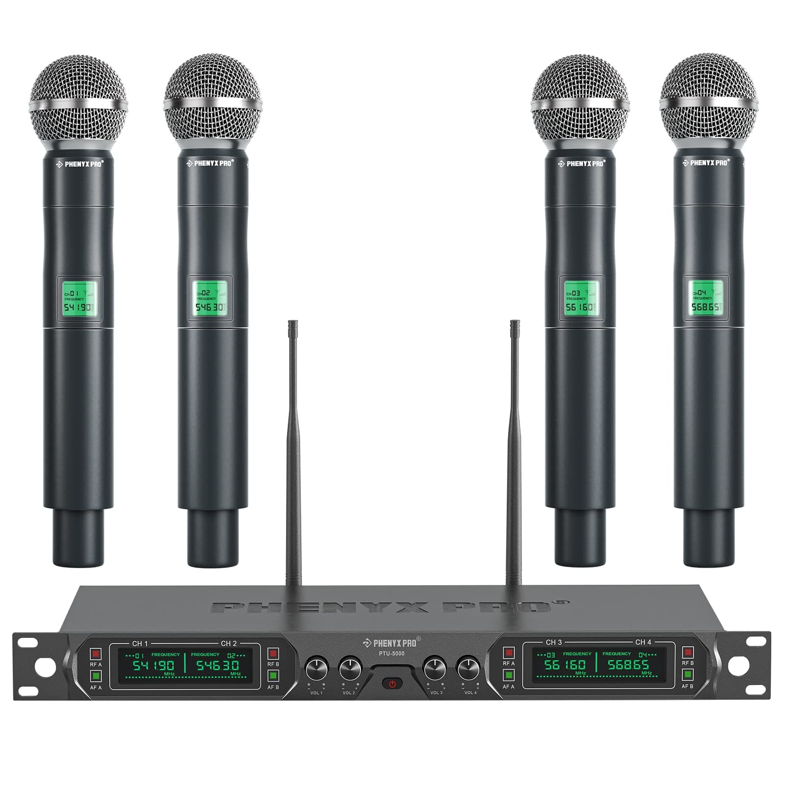 Phenyx Pro Wireless Microphone System 4-Channel UHF Cordless Mic Set With Four Handheld Mics All Metal Build Fixed Frequency Long Range 260ft Ideal for ChurchKaraokeWeddings Events (PTU-5000A)