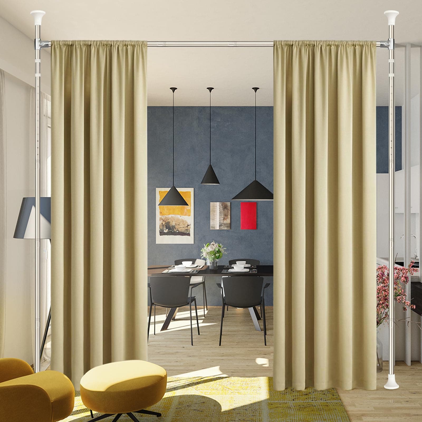 Room Divider Curtain Rod, Partition Hanging Room Dividers 60-150inch (H) 48-72inch(W) Adjustable Curtain Room Dividers for Room Separation, Floor to Ceiling Self Stand for Space Partition