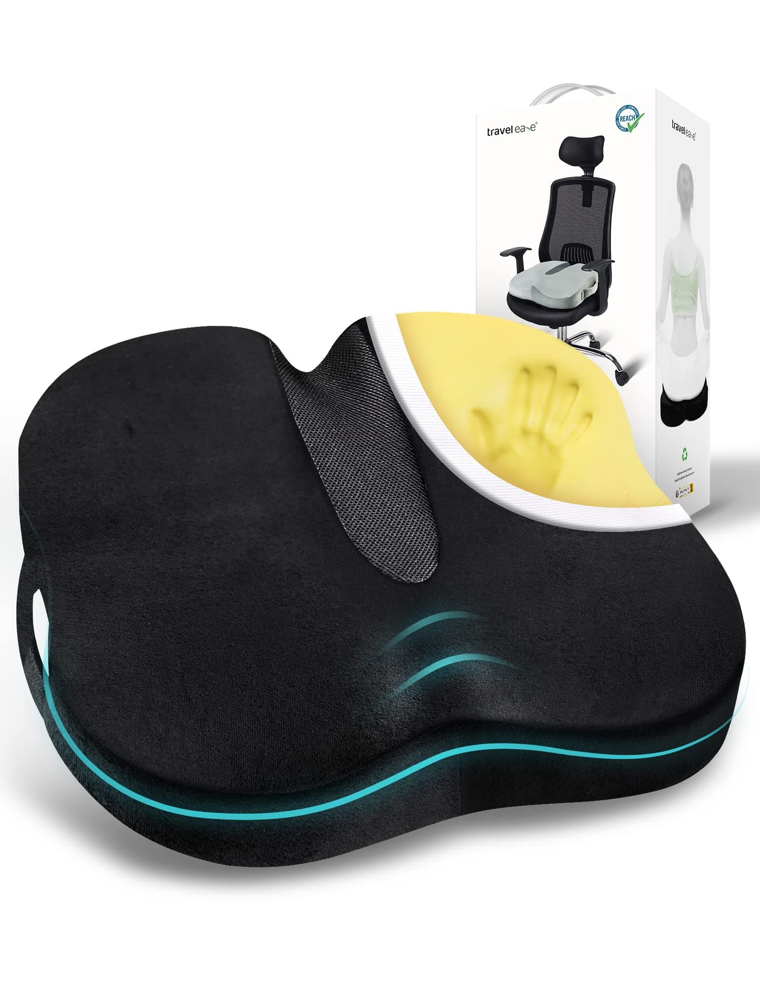 Travel Ease Memory Foam Coccyx Orthopedic Seat Cushion, Seat Cushion for Lower Back Pain and Sciatica Tailbone Pain Relief – Fit for Office Chair, Car Seat, Wheelchair (Black)