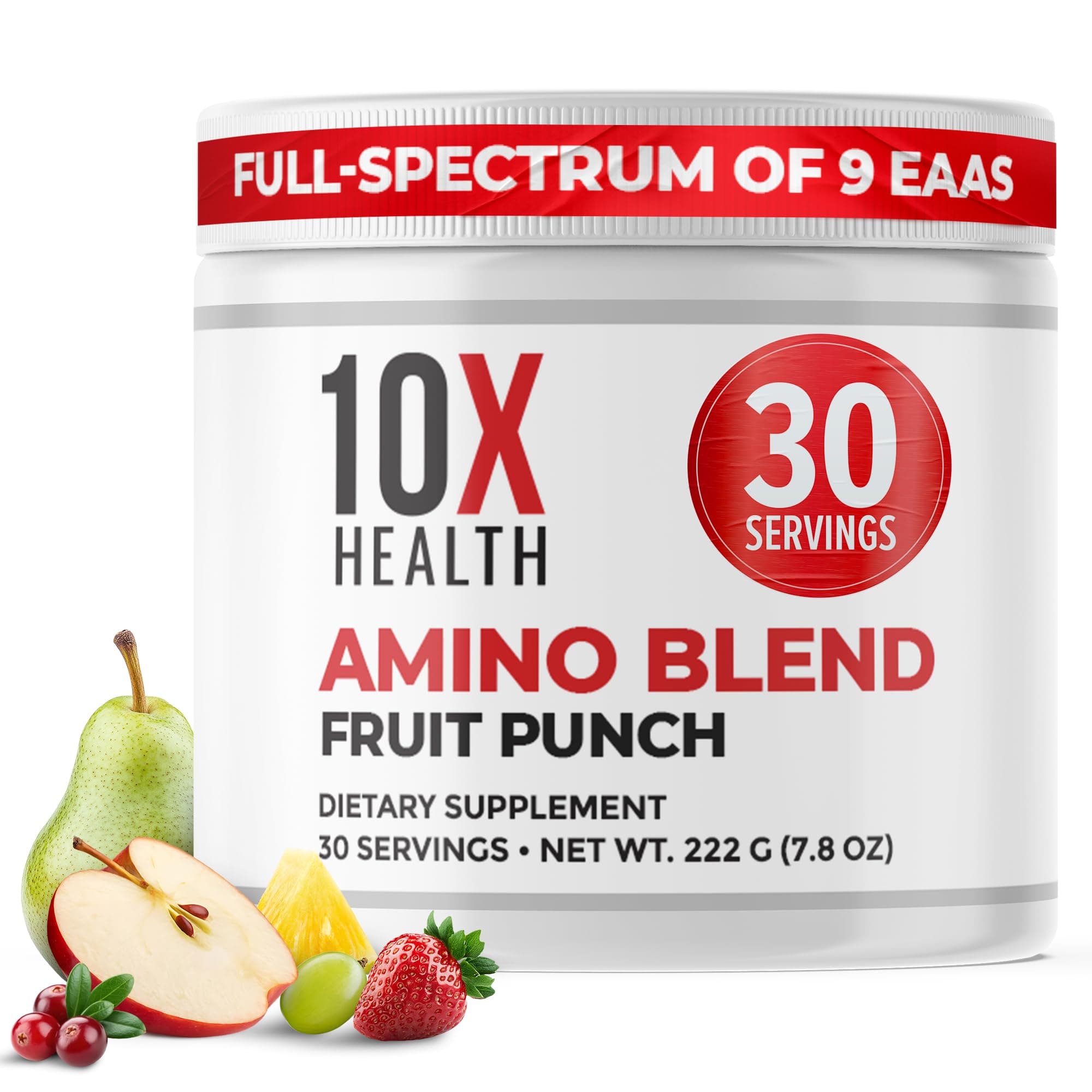 10X Health Amino Acids - 30 Servings of EAA & BCAA Powder, Pre Workout BCAA with Essential Amino Acids Supplement - BCAAs & EAAs for Longevity, Muscle Support, Strength, Energy - Fruit Punch