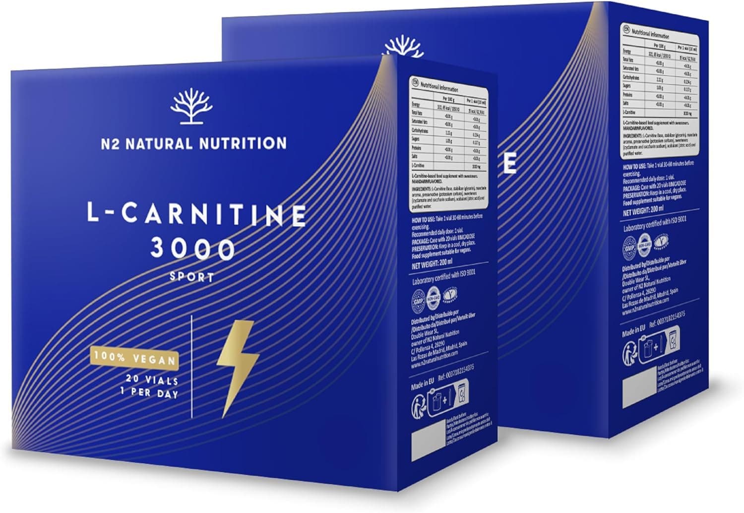 L-CARNITINE 3000 Pure 40 Ampoules Pre-Workout Booster. For Strength, Fitness, Sport. Fat Burner Increases Performance. Vegan Certified CE. N2 Natural Nutrition