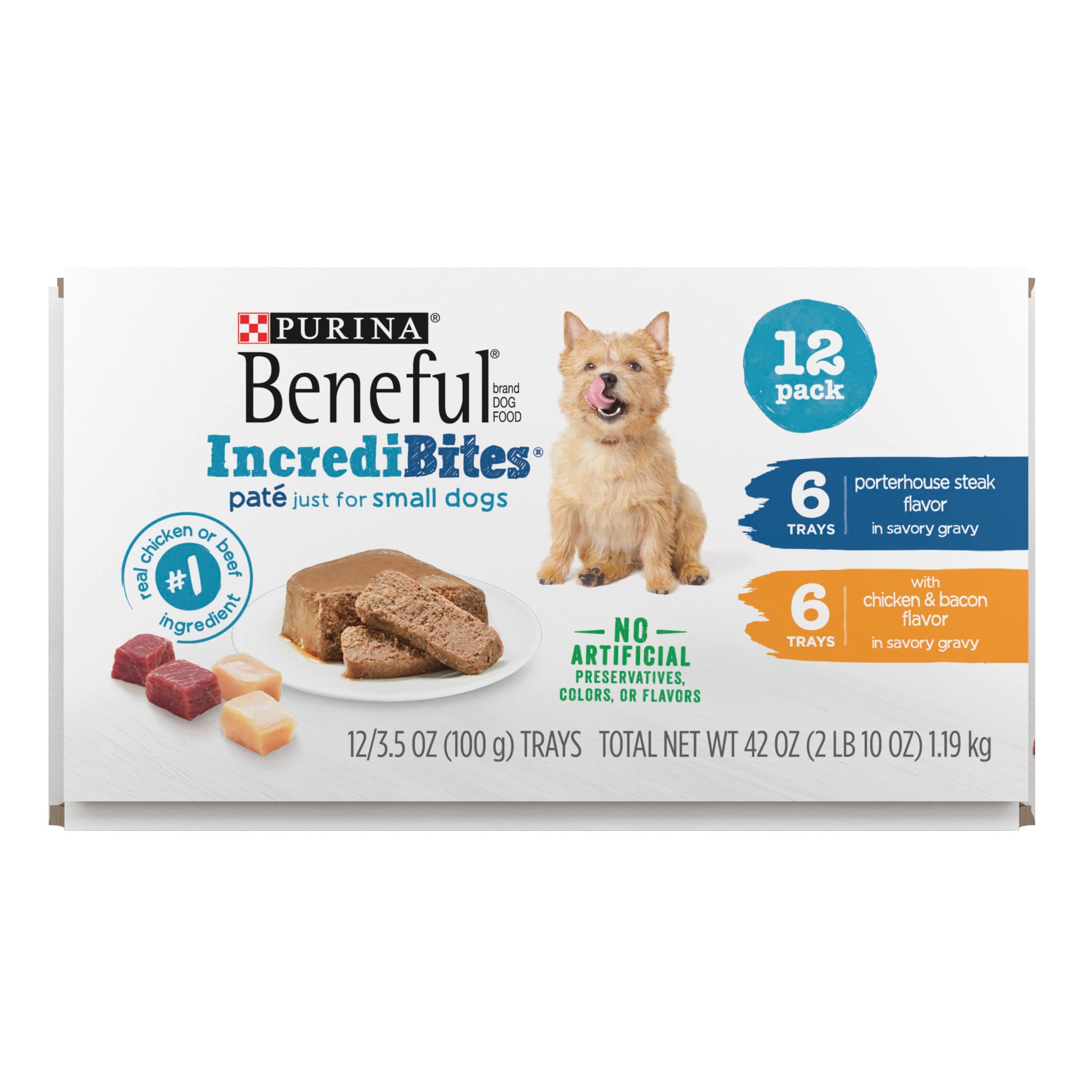BenefulIncrediBites with Chicken and Natural Bacon Flavor and Porterhouse Steak Flavor Wet Dog Food Variety Pack - (Pack of 12) 3.5 oz. Cans