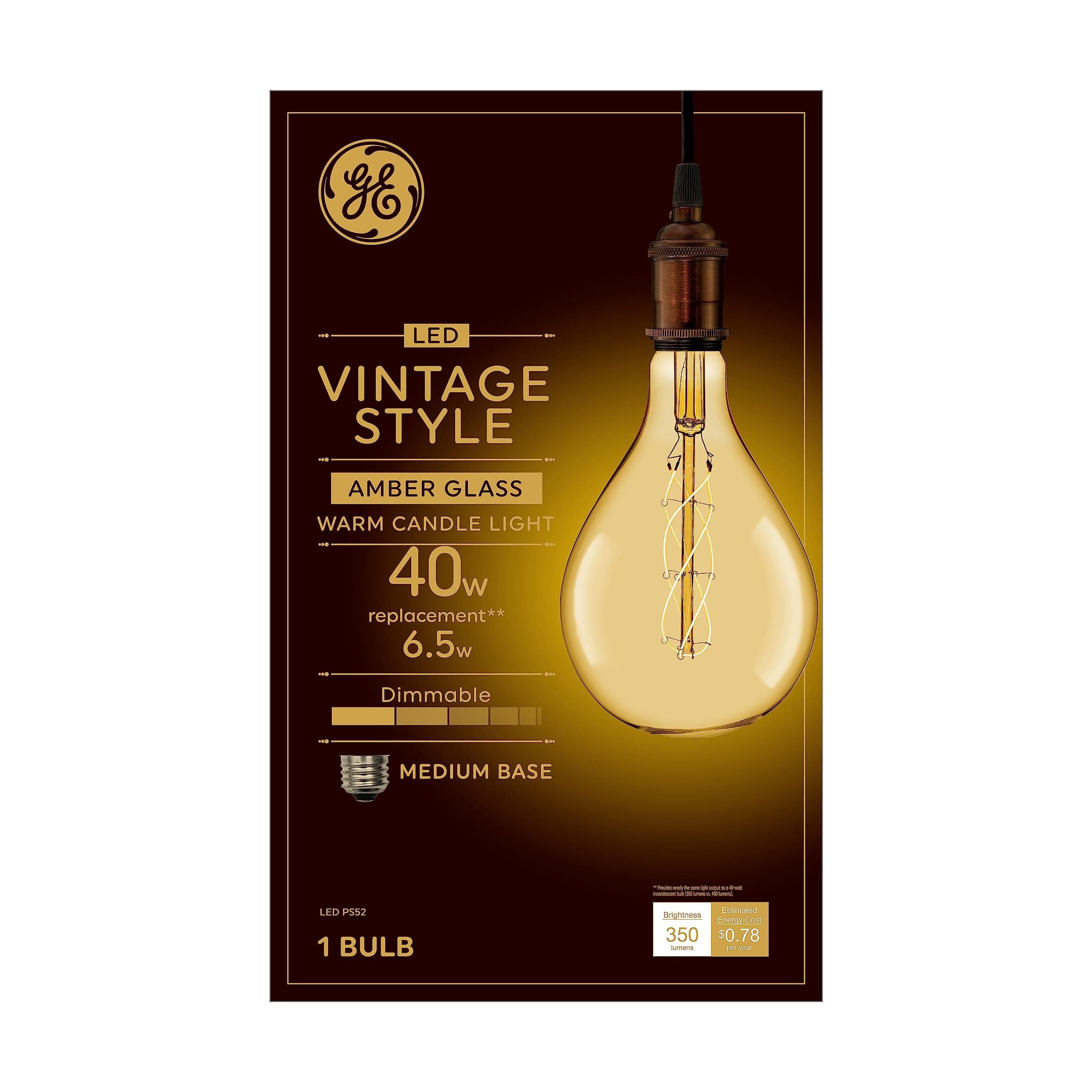 Vintage Style LED Light Bulb, 40 Watt, Amber Finish, PS52 Large Pear Shaped Bulb (1 Pack)